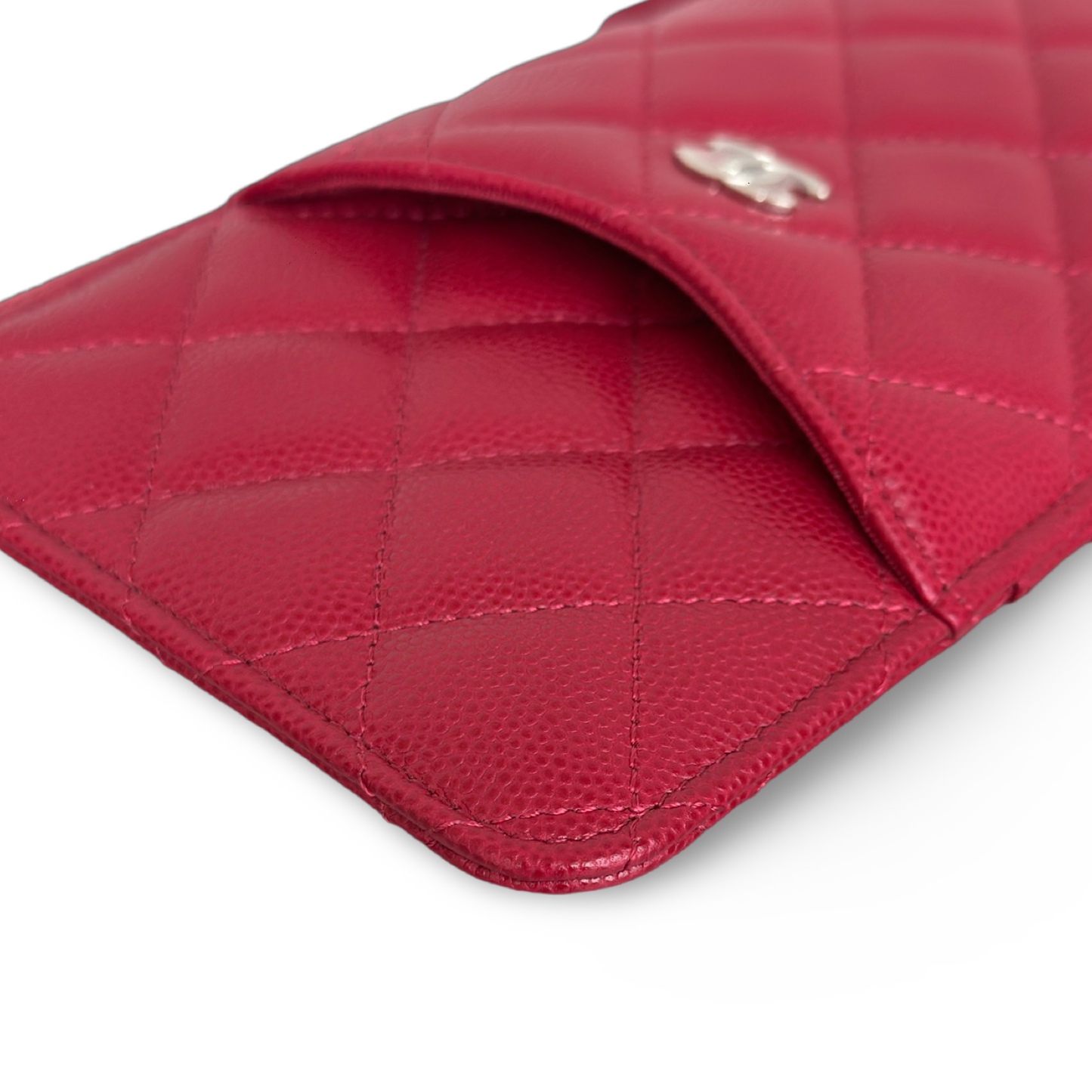 Chanel Quilted Caviar Long Flat Wallet - Sliver / Red