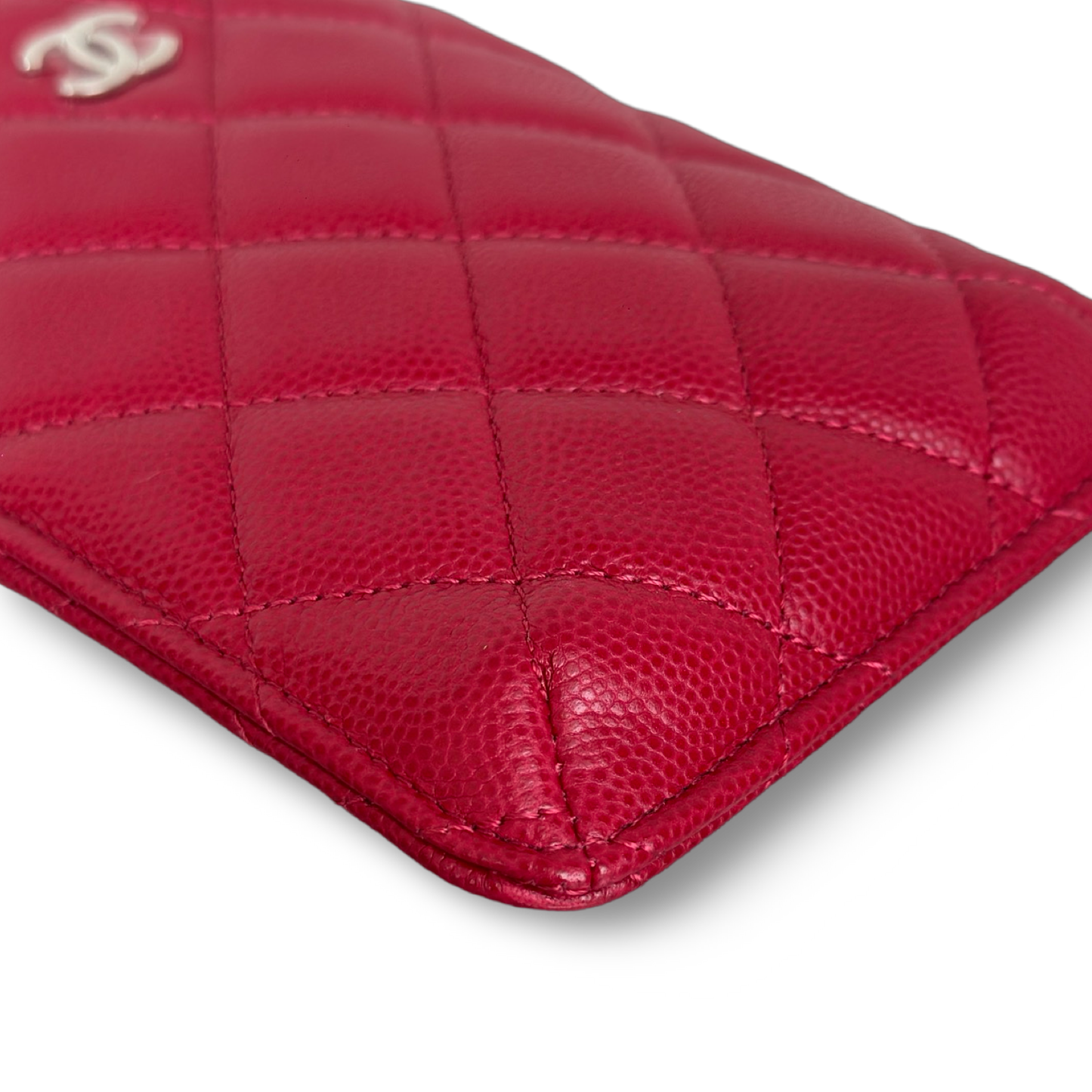 Chanel Quilted Caviar Long Flat Wallet - Sliver / Red