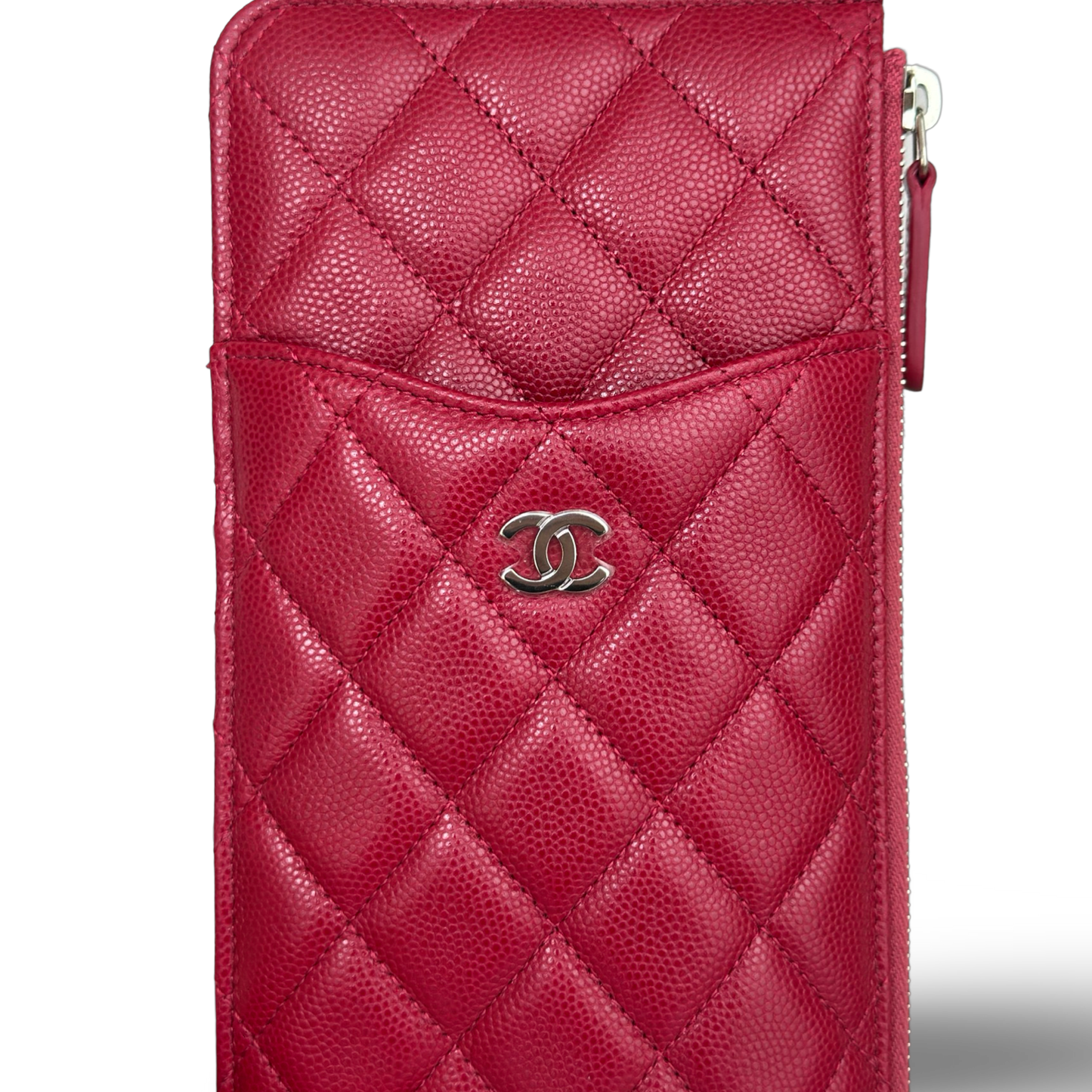 Chanel Quilted Caviar Long Flat Wallet - Sliver / Red
