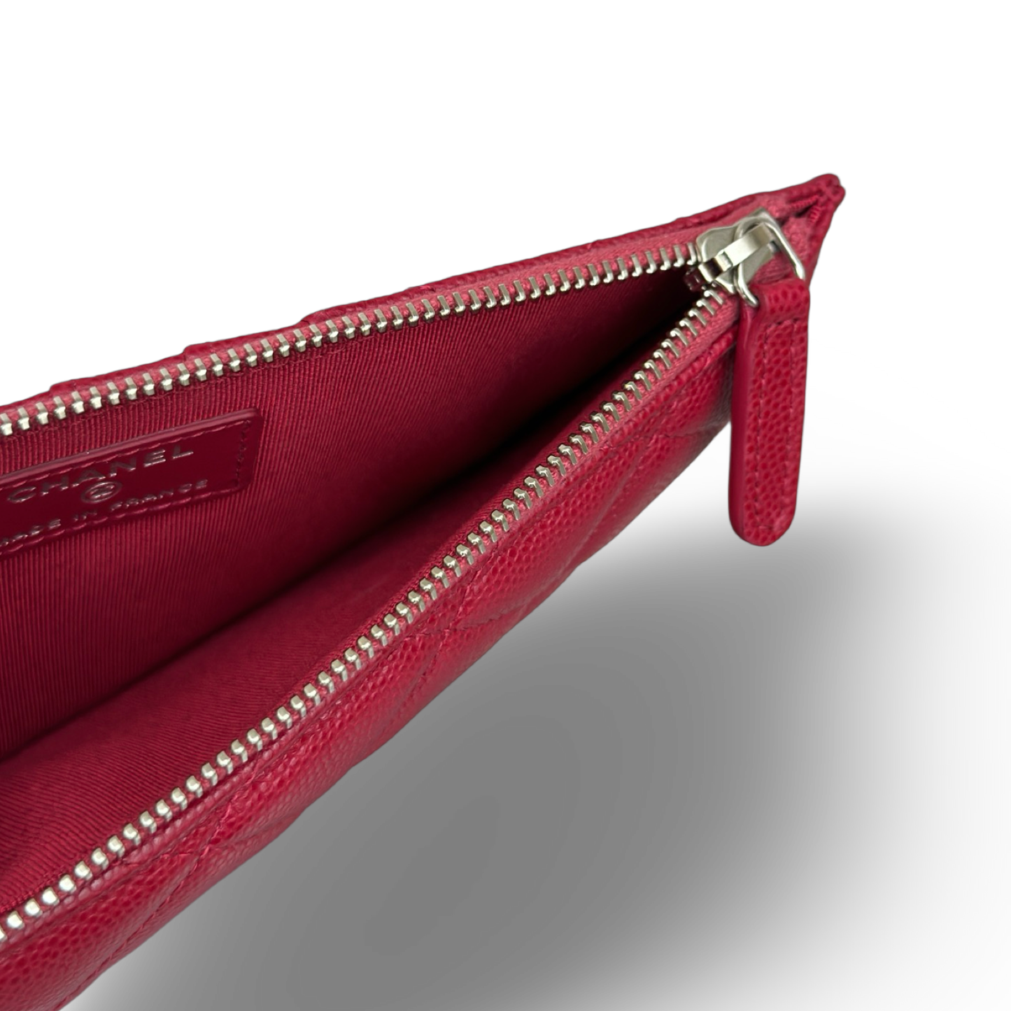 Chanel Quilted Caviar Long Flat Wallet - Sliver / Red