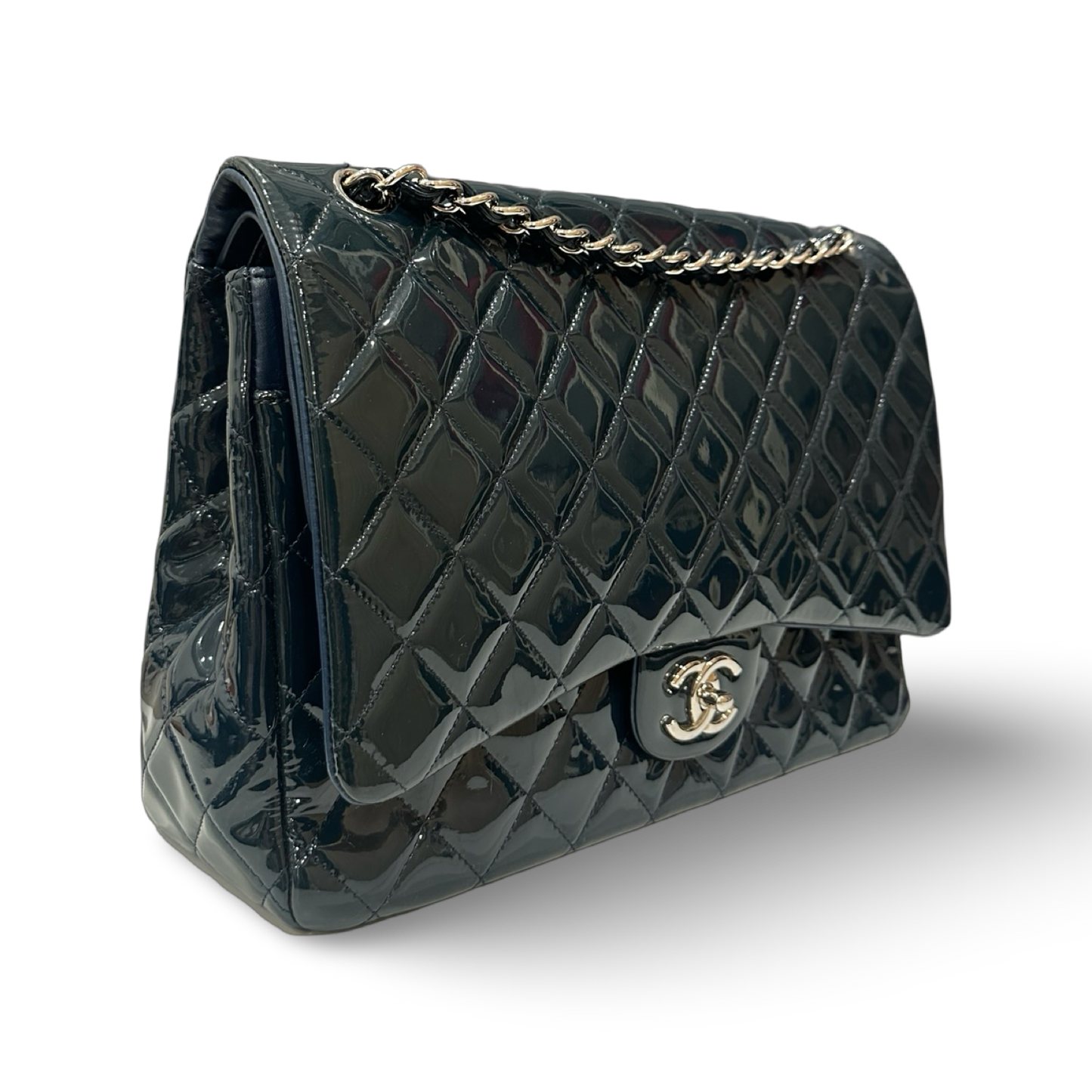 Chanel Classic Patent Maxi Double Flap - Dark Green Blue