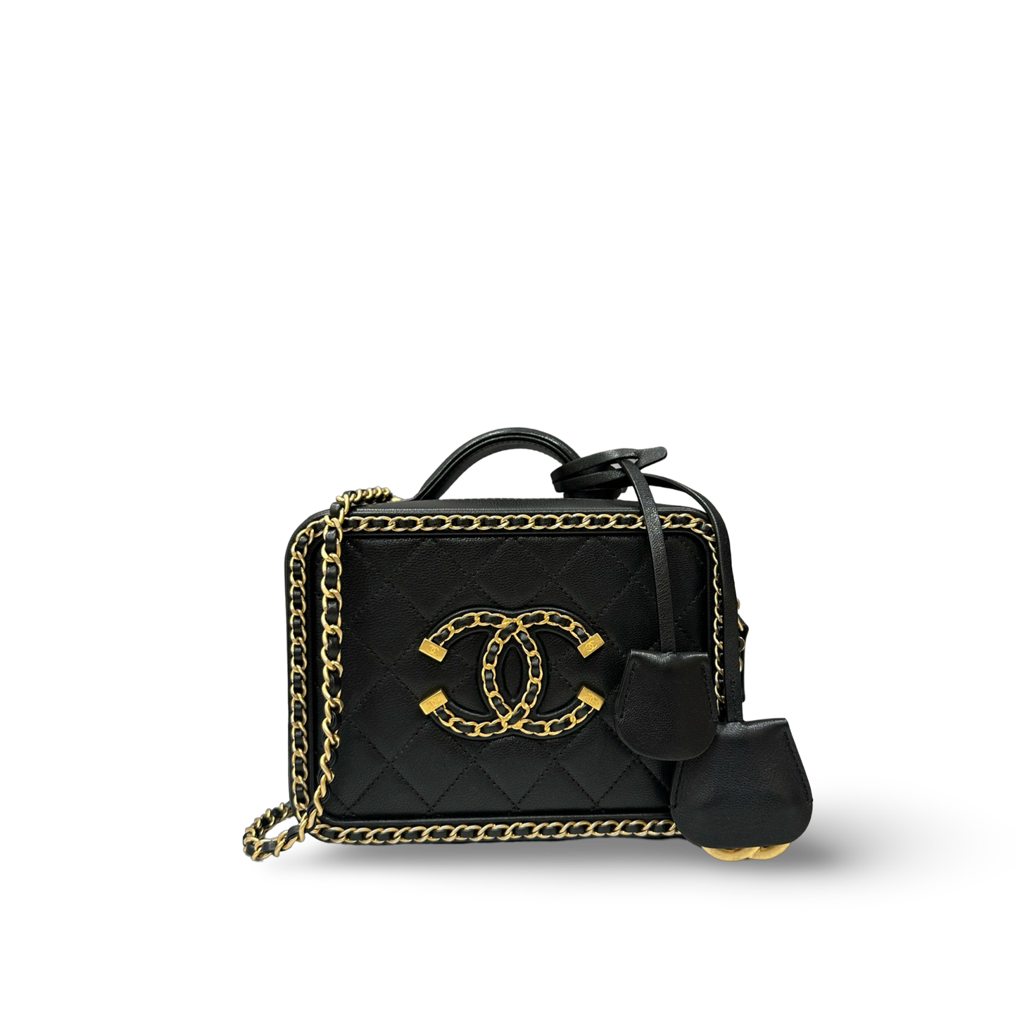 Chanel Quilted Lambskin Medium CC Filigree Chain Around Vanity Case - GHW / Black