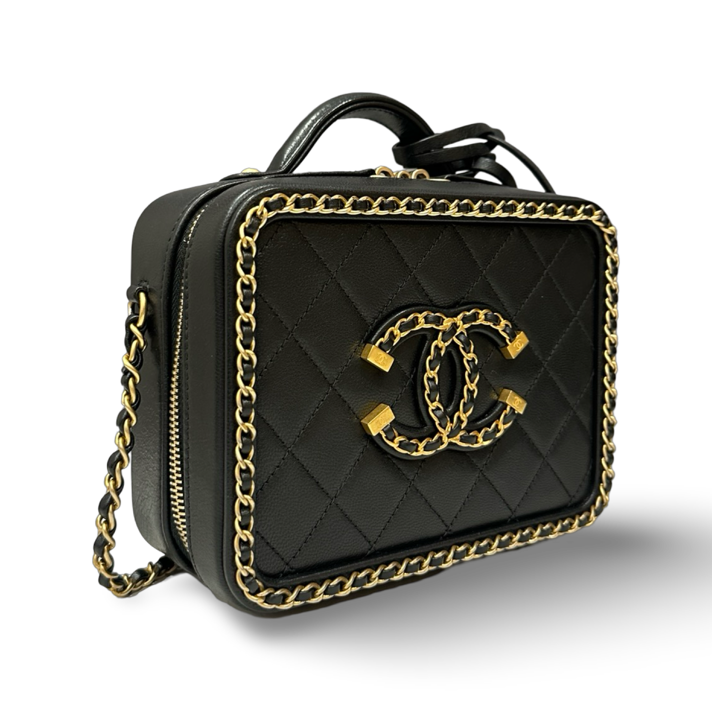 Chanel Quilted Lambskin Medium CC Filigree Chain Around Vanity Case - GHW / Black