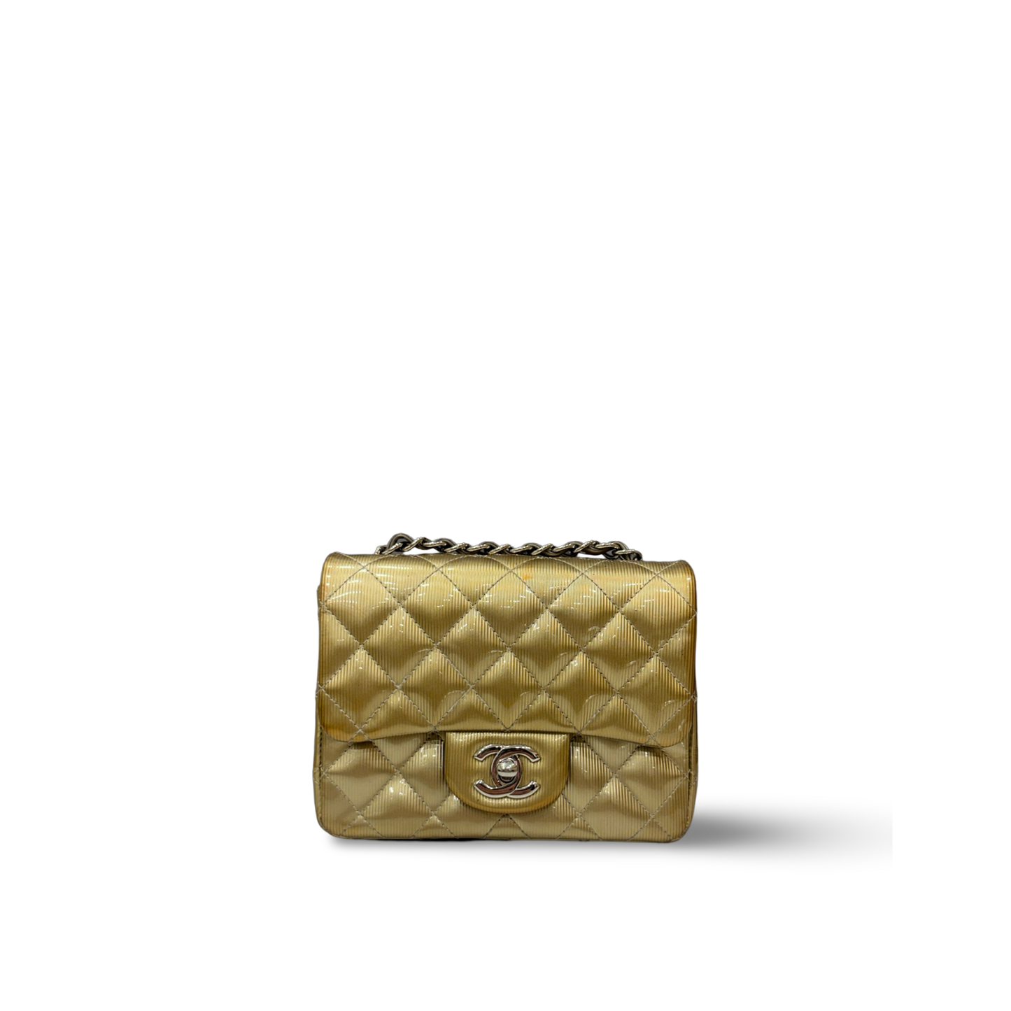 Chanel Quilted Patent Mini Square Single Flap - SHW / Metallic Gold