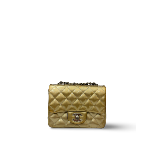 Chanel Quilted Patent Mini Square Single Flap - SHW / Metallic Gold