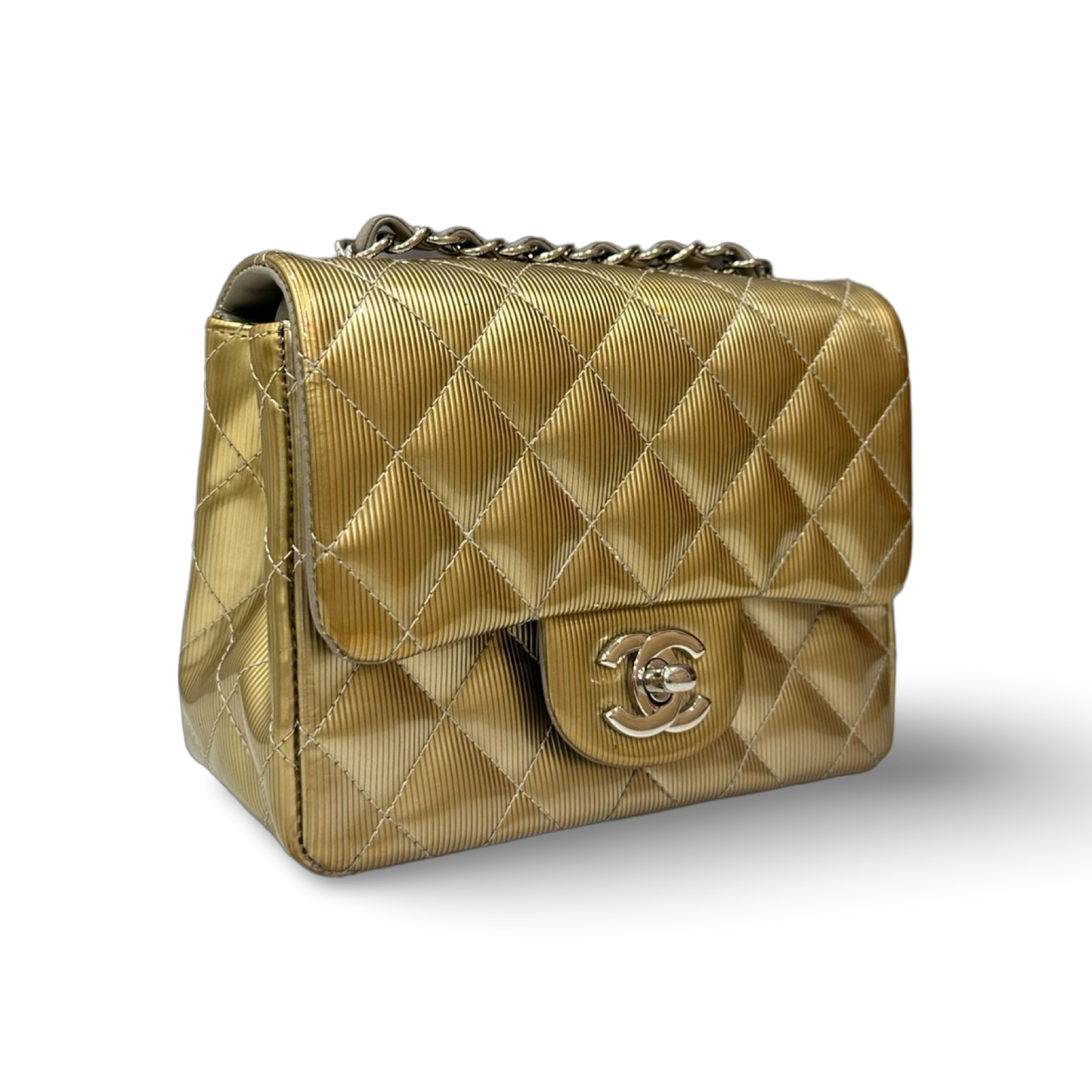 Chanel Quilted Patent Mini Square Single Flap - SHW / Metallic Gold