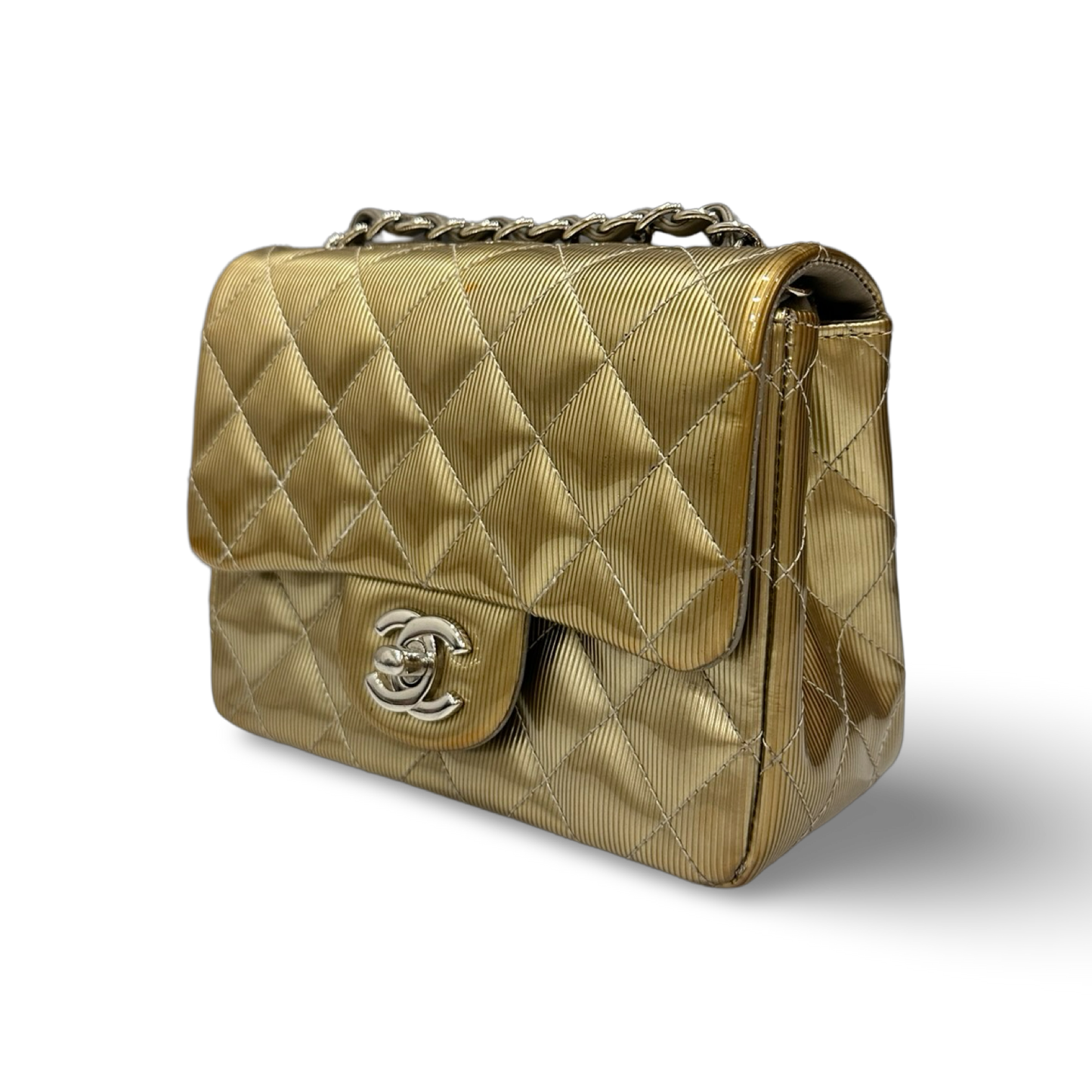 Chanel Quilted Patent Mini Square Single Flap - SHW / Metallic Gold