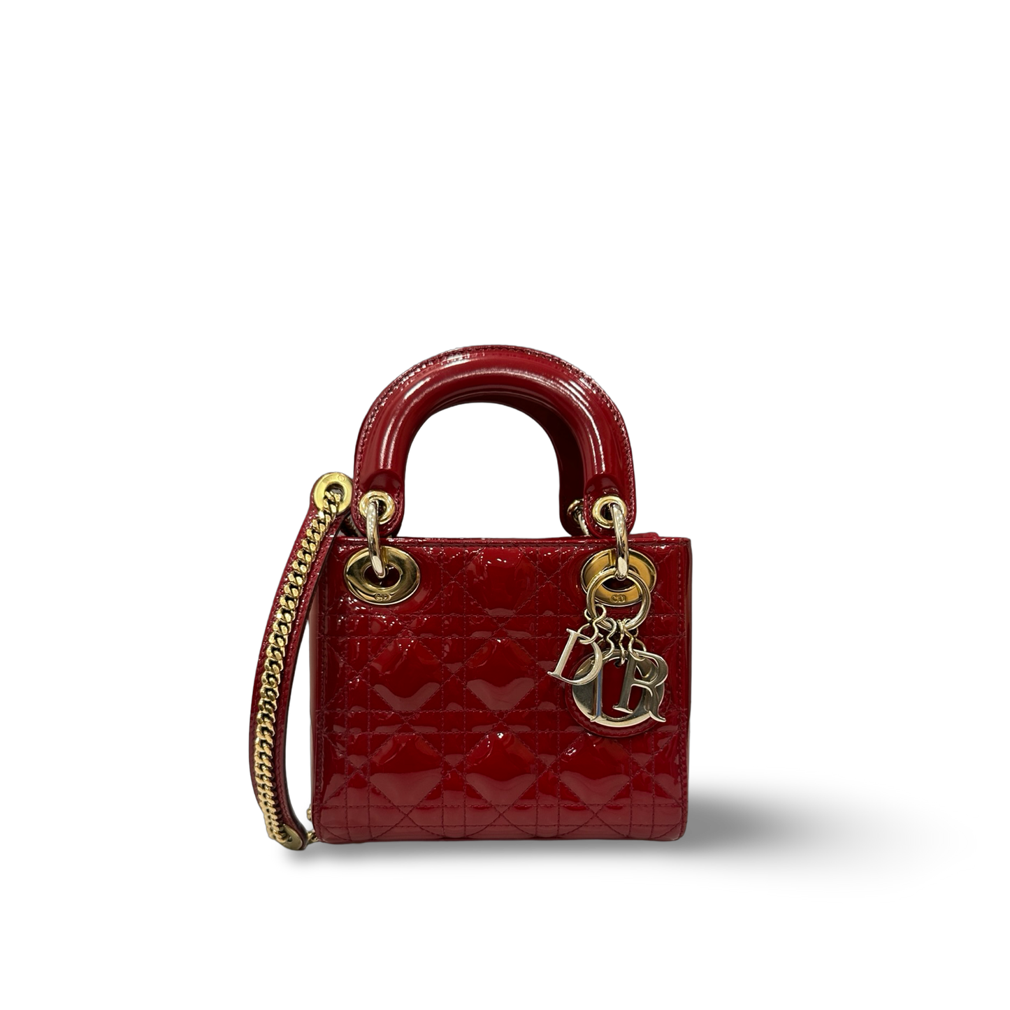 Dior Mini 菱格紋漆皮 Lady 手提包 – 紅色 / 金釦