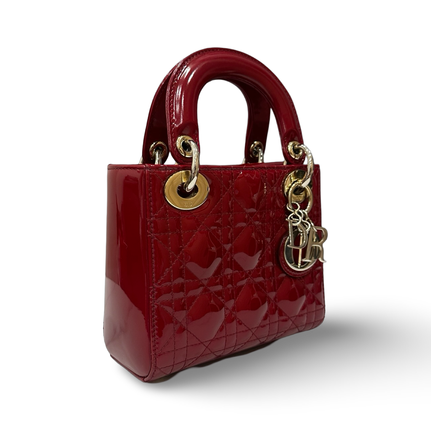 Dior Mini 菱格紋漆皮 Lady 手提包 – 紅色 / 金釦