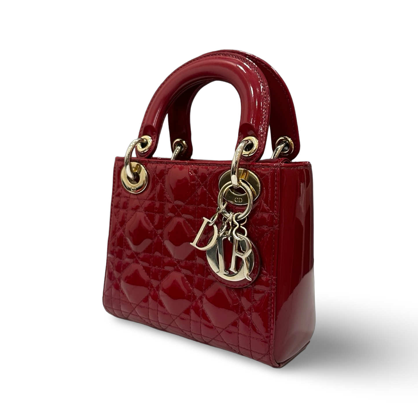 Dior Mini 菱格紋漆皮 Lady 手提包 – 紅色 / 金釦