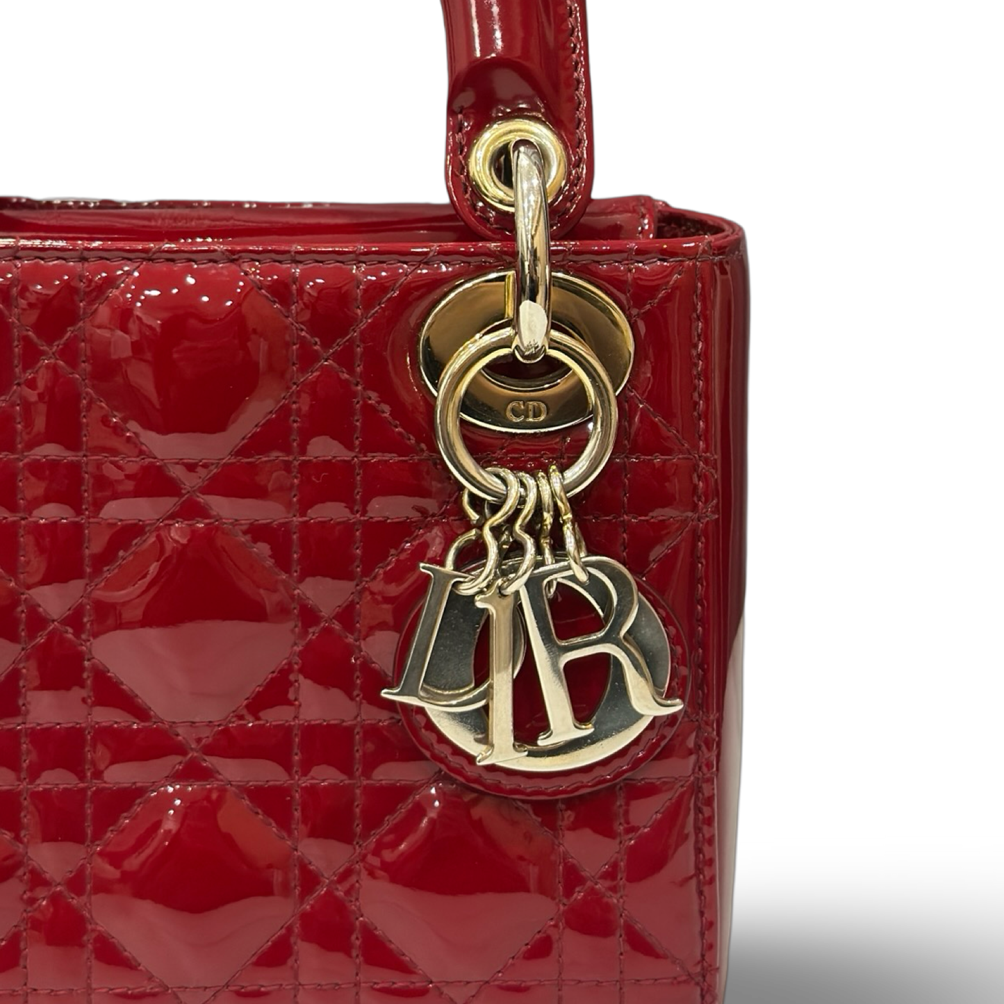Dior Mini 菱格紋漆皮 Lady 手提包 – 紅色 / 金釦