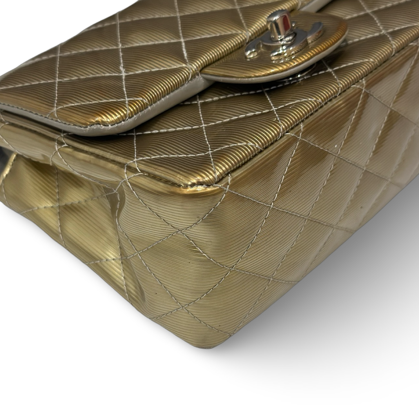 Chanel Quilted Patent Mini Square Single Flap - SHW / Metallic Gold
