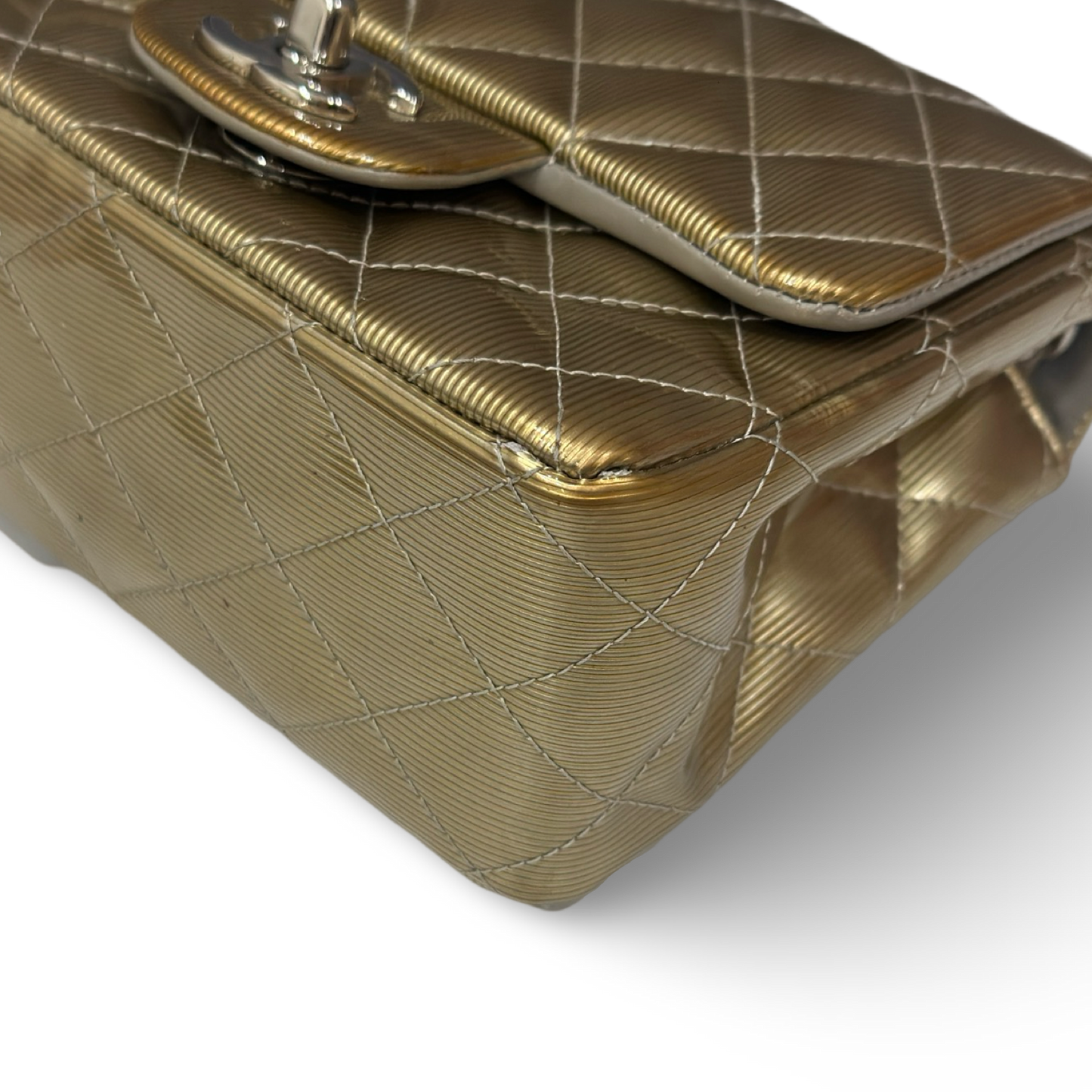 Chanel Quilted Patent Mini Square Single Flap - SHW / Metallic Gold