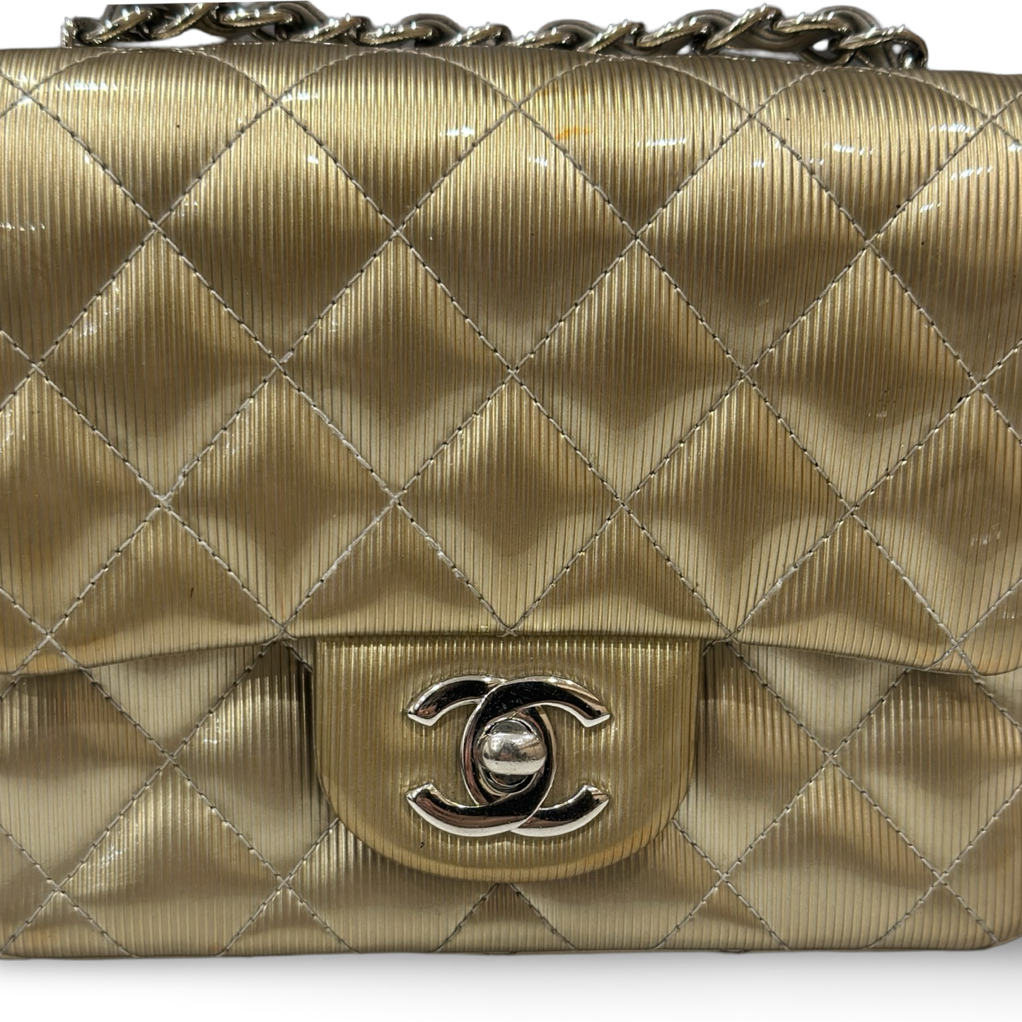 Chanel Quilted Patent Mini Square Single Flap - SHW / Metallic Gold