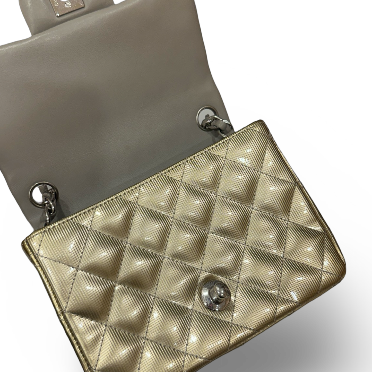 Chanel Quilted Patent Mini Square Single Flap - SHW / Metallic Gold