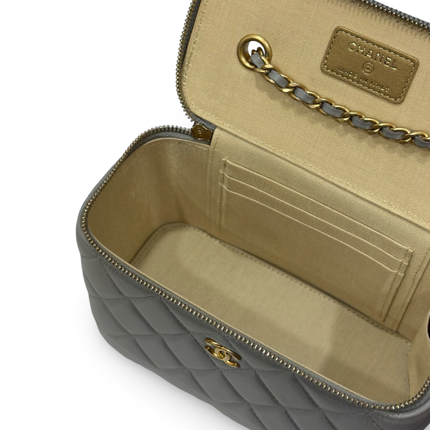 Chanel Quilted Lambskin Small Vanity Case With Gold Ball - GHW / Light Gray