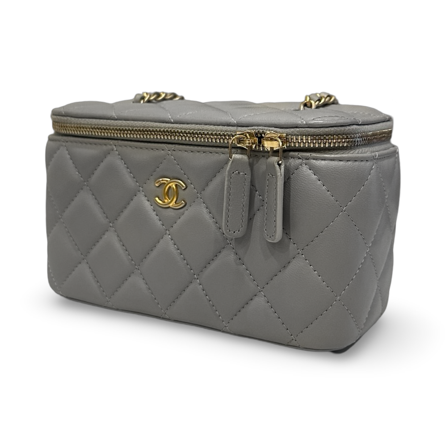 Chanel Quilted Lambskin Small Vanity Case With Gold Ball - GHW / Light Gray