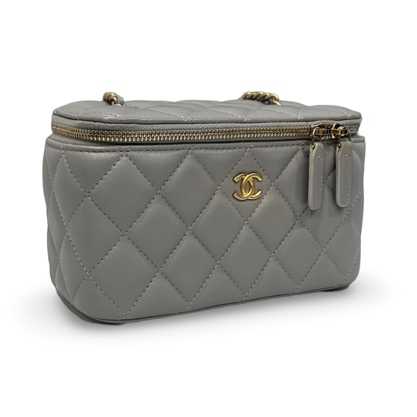 Chanel Quilted Lambskin Small Vanity Case With Gold Ball - GHW / Light Gray