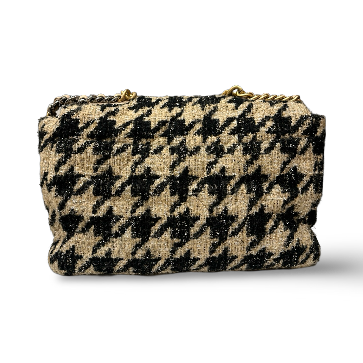 Chanel Maxi 19 米色千鳥格斜紋軟呢口蓋包 – 米黑配 / 金釦