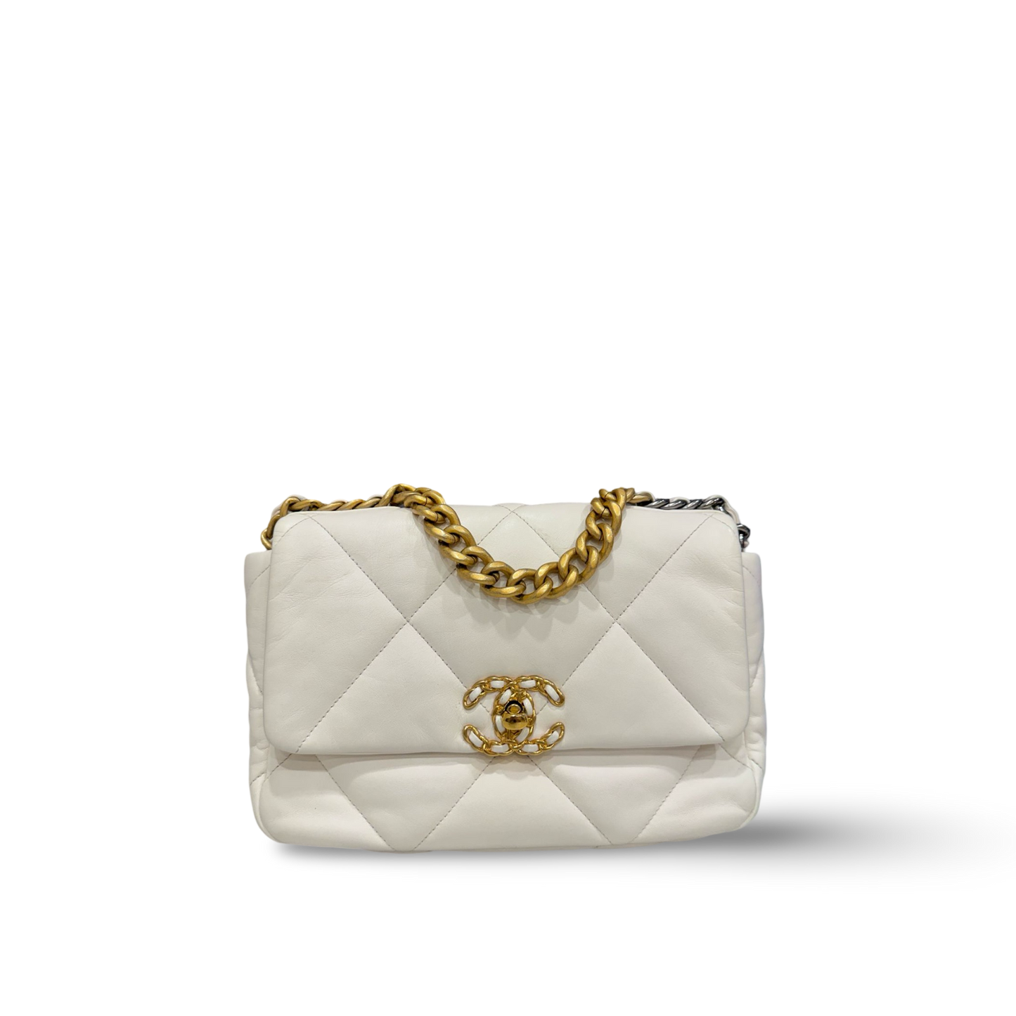 Chanel Quilted Lambskin Small 19 Bag - Silver and Gold Hardware / White
