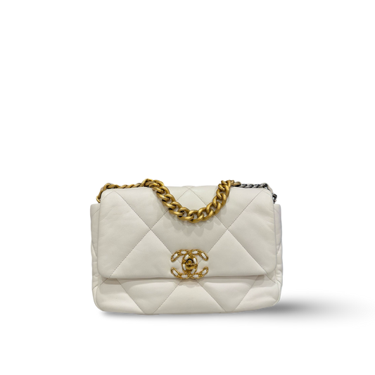 Chanel Quilted Lambskin Small 19 Bag - Silver and Gold Hardware / White