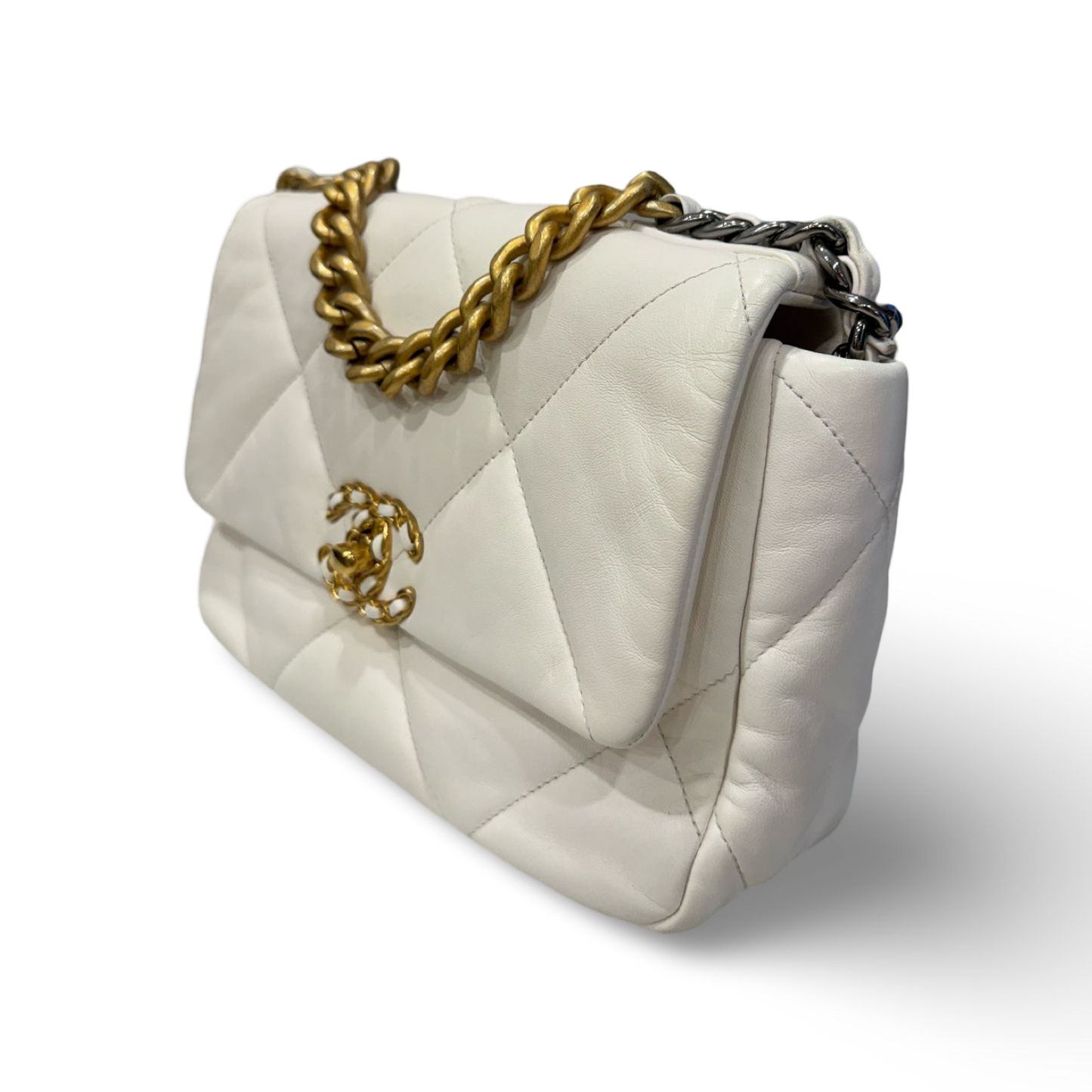 Chanel Quilted Lambskin Small 19 Bag - Silver and Gold Hardware / White