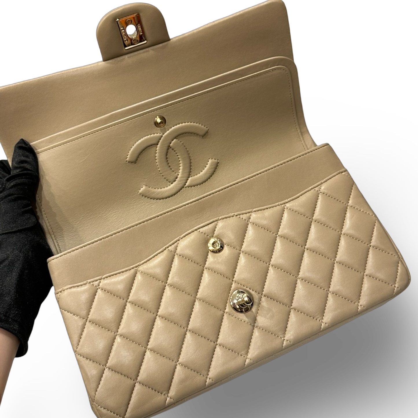 Chanel Quilted Lambskin Medium Double Flap - GHW / Dark Beige