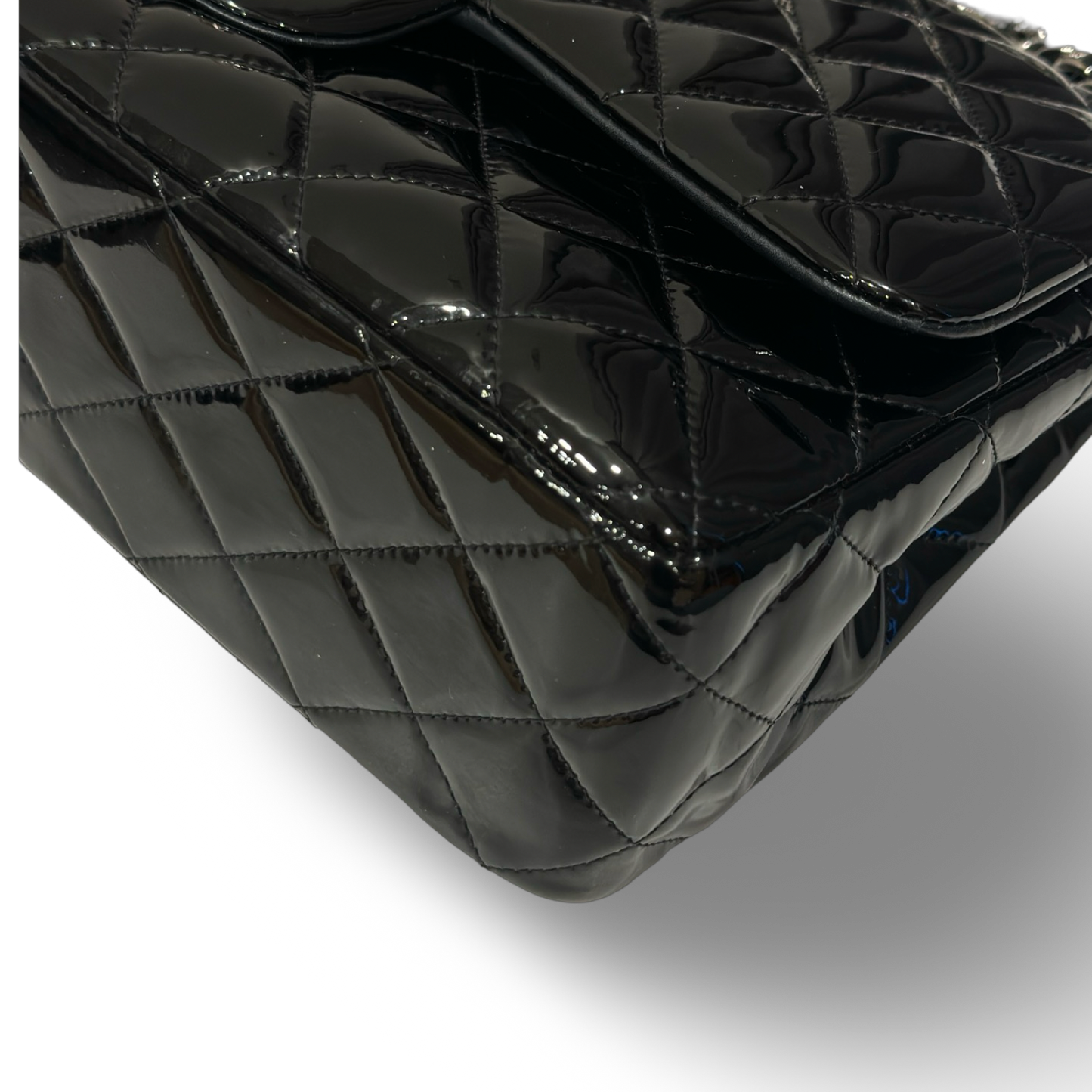 Chanel Jumbo 經典雙蓋菱格紋漆皮 - 黑 / 銀扣