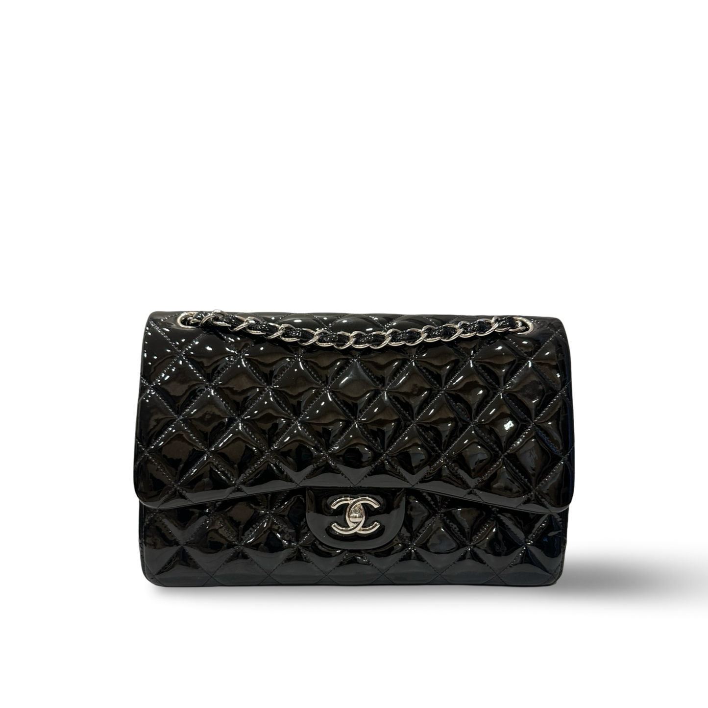 Chanel Jumbo 經典雙蓋菱格紋漆皮 - 黑 / 銀扣