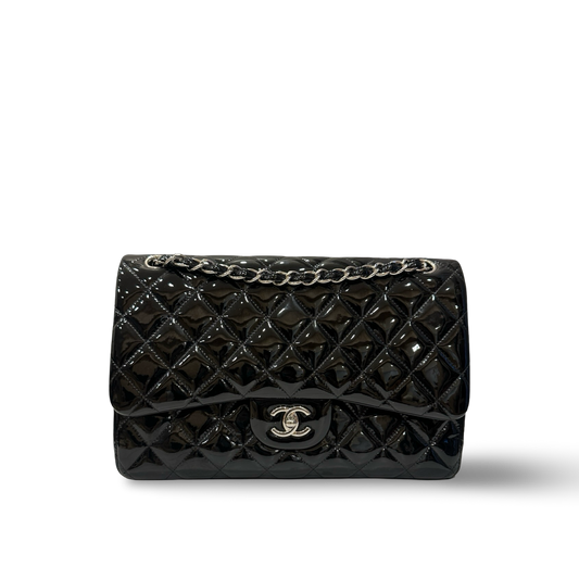 Chanel Jumbo 經典雙蓋菱格紋漆皮 - 黑 / 銀扣