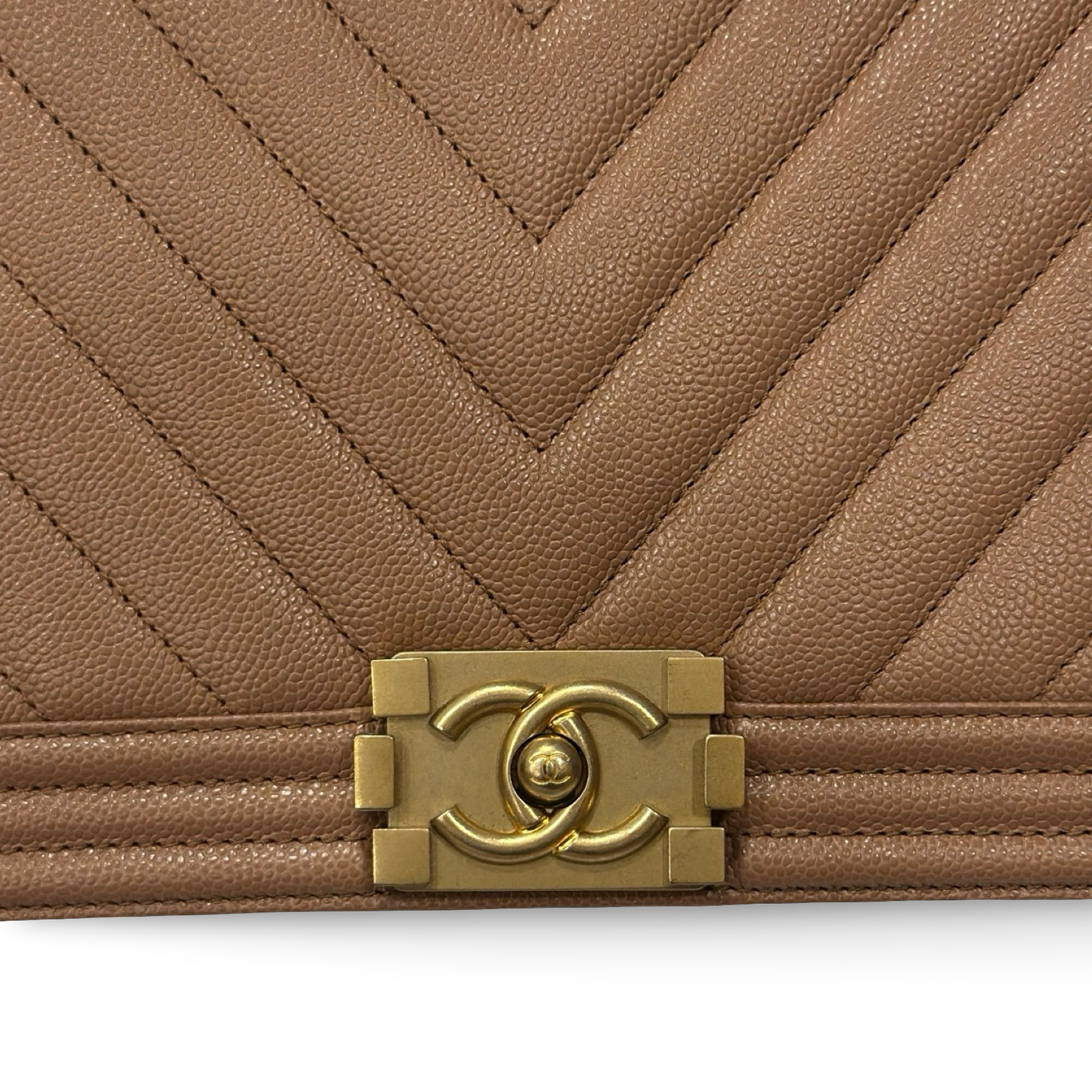 Chanel Caviar New Medium Chevron Le Boy Bag - GHW / Beige