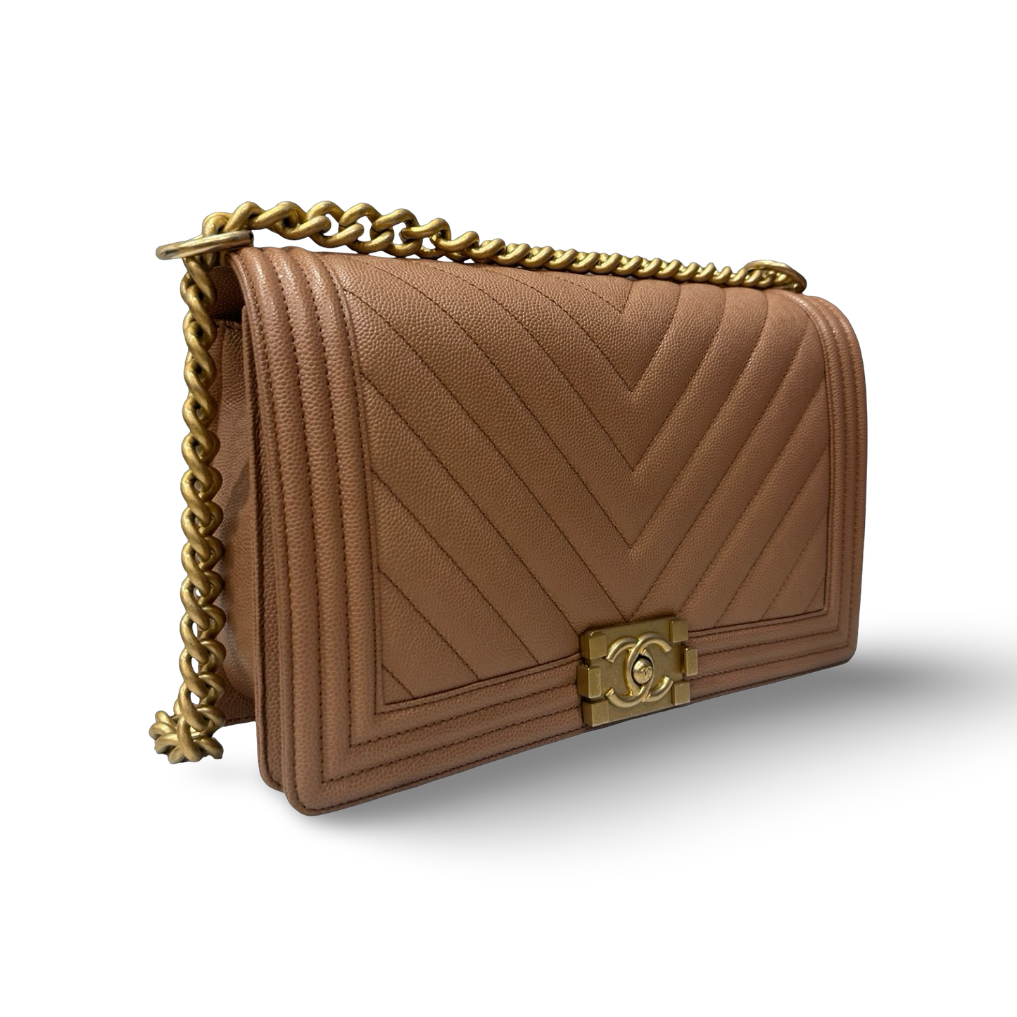 Chanel Caviar New Medium Chevron Le Boy Bag - GHW / Beige