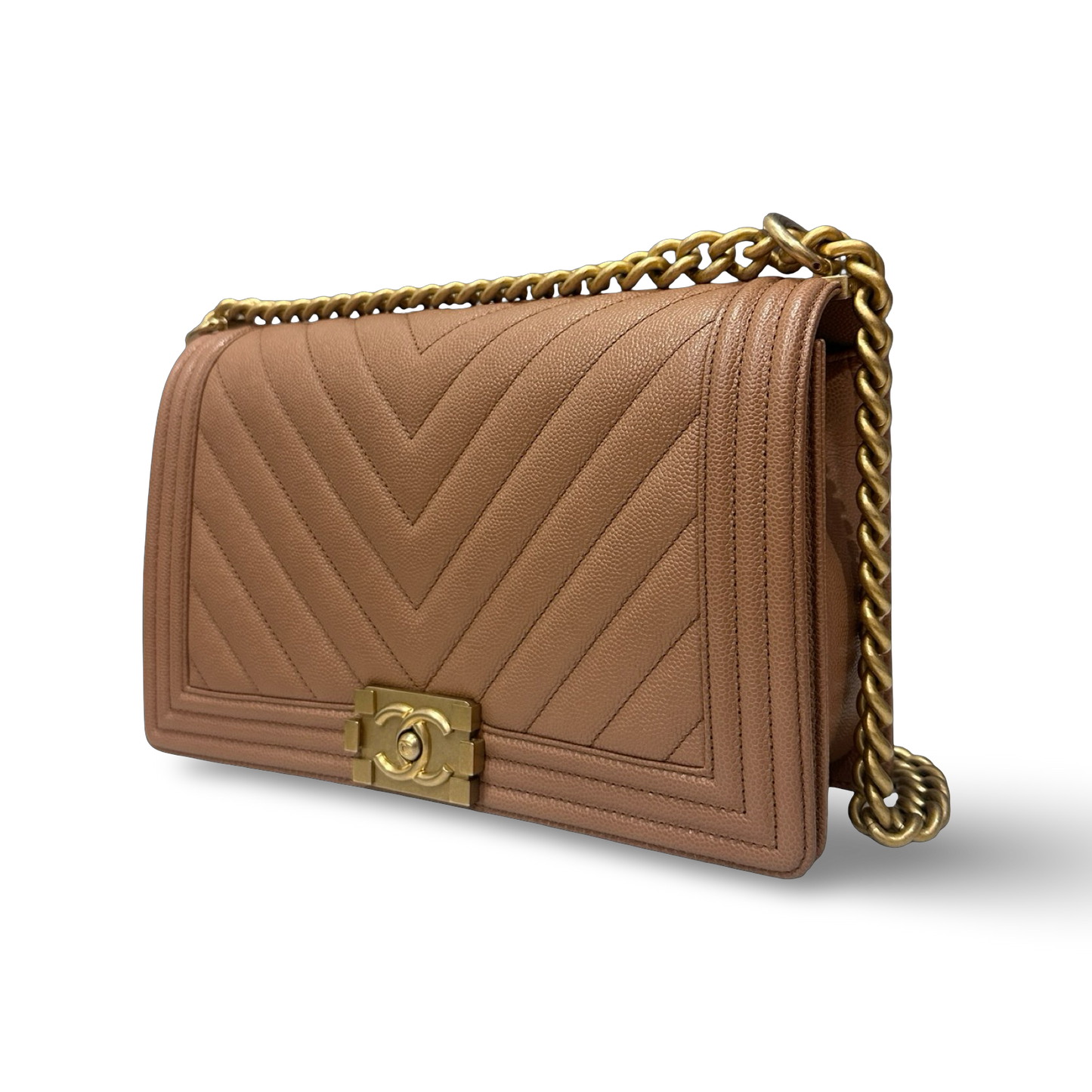 Chanel Caviar New Medium Chevron Le Boy Bag - GHW / Beige