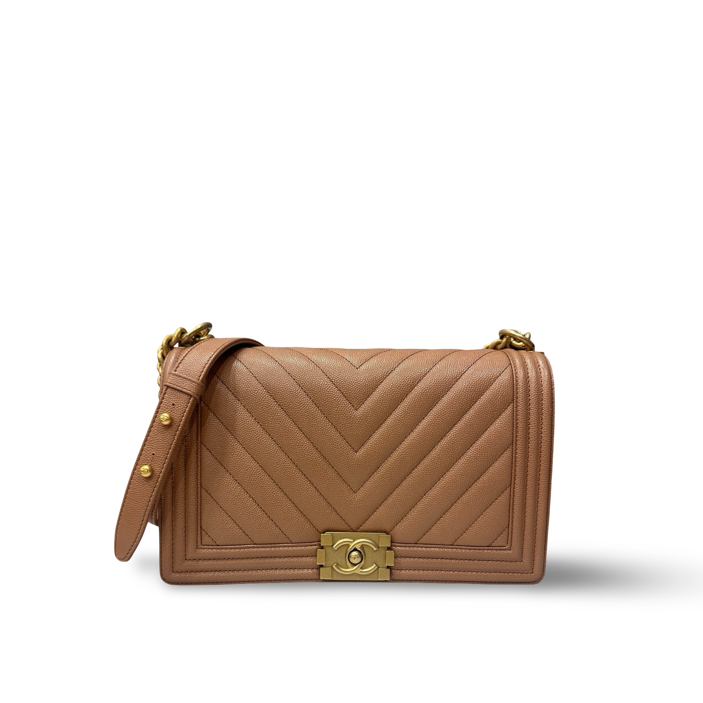 Chanel Caviar New Medium Chevron Le Boy Bag - GHW / Beige
