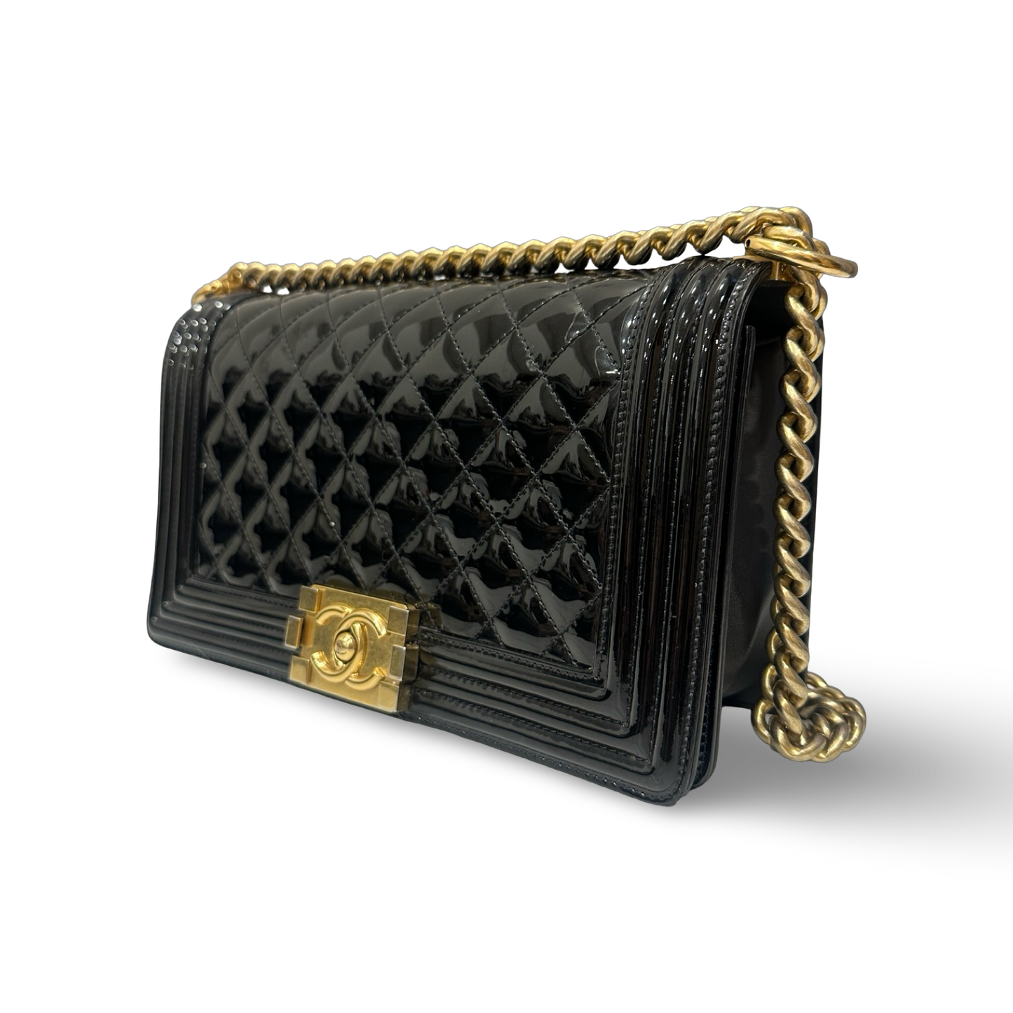 Chanel Quilted Patent Medium Boy Bag- GHW / Black