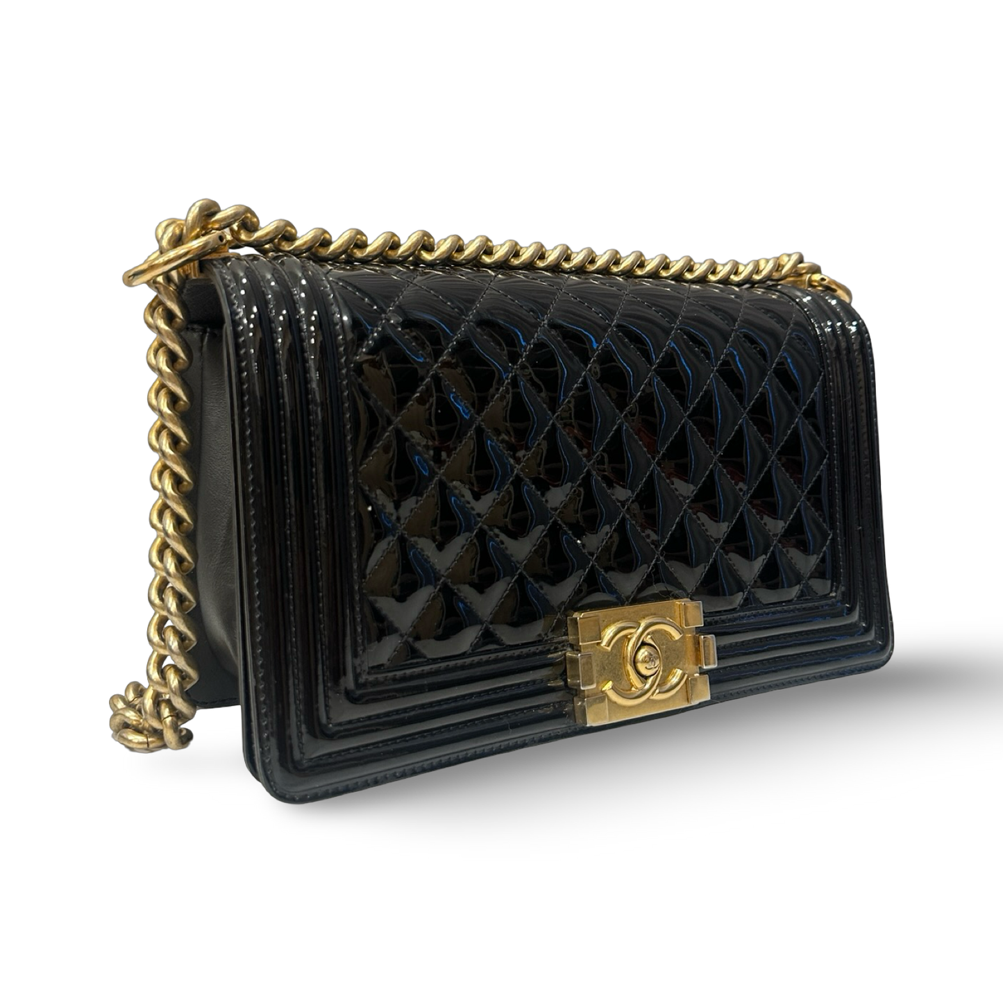 Chanel Quilted Patent Medium Boy Bag- GHW / Black
