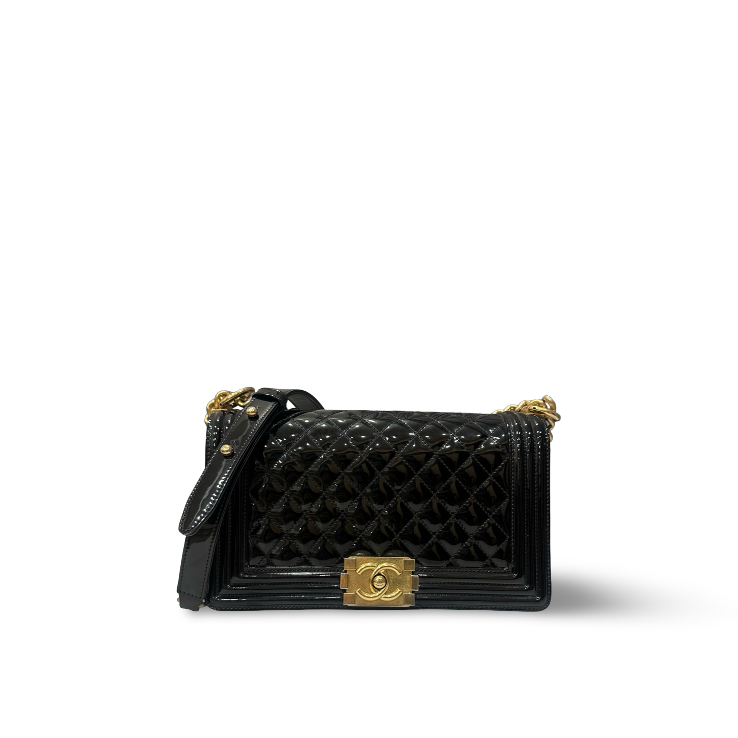 Chanel Quilted Patent Medium Boy Bag- GHW / Black