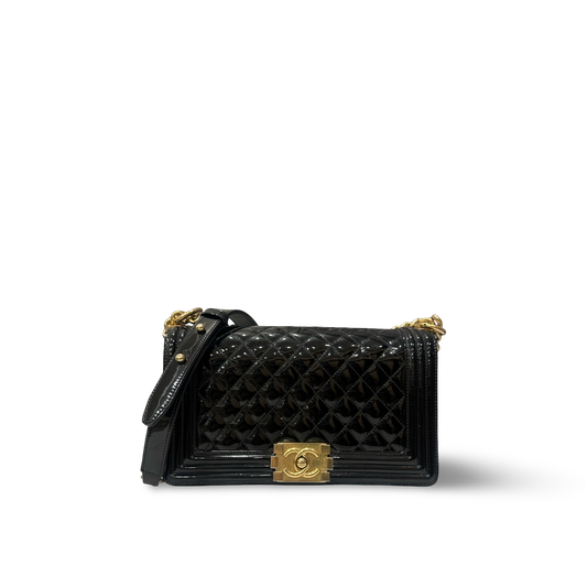 Chanel Quilted Patent Medium Boy Bag- GHW / Black