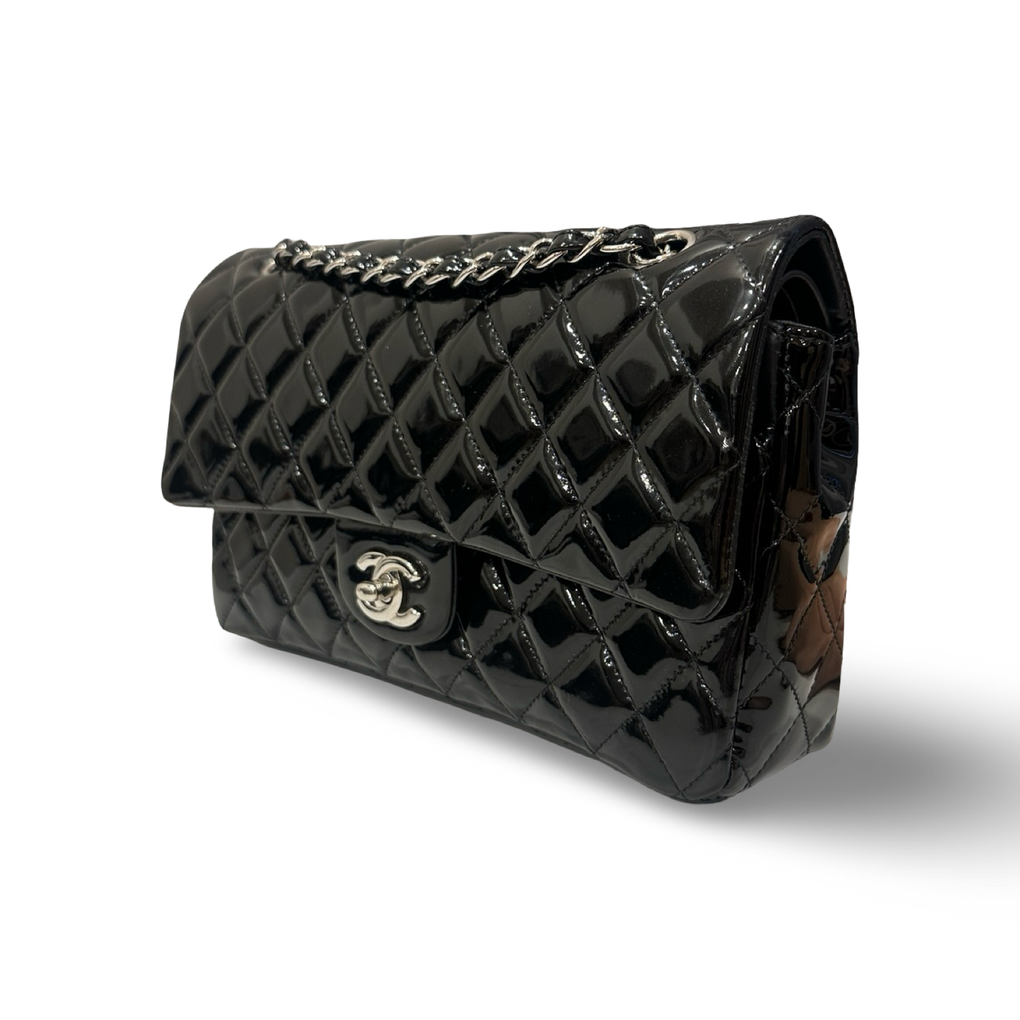 Chanel Quilted Patent Medium Double Flap - SHW / Black