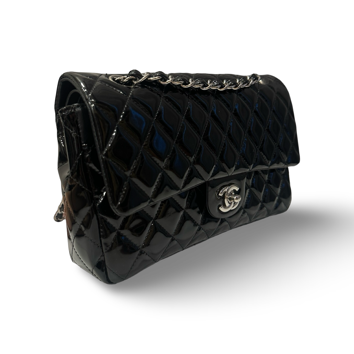 Chanel Quilted Patent Medium Double Flap - SHW / Black