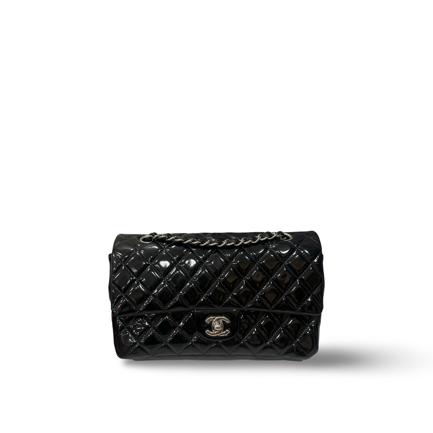 Chanel Quilted Patent Medium Double Flap - SHW / Black