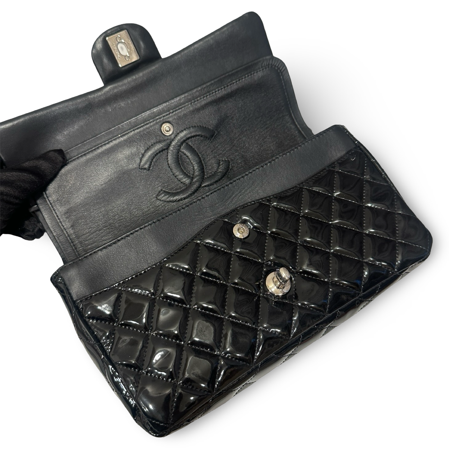 Chanel Quilted Patent Medium Double Flap - SHW / Black