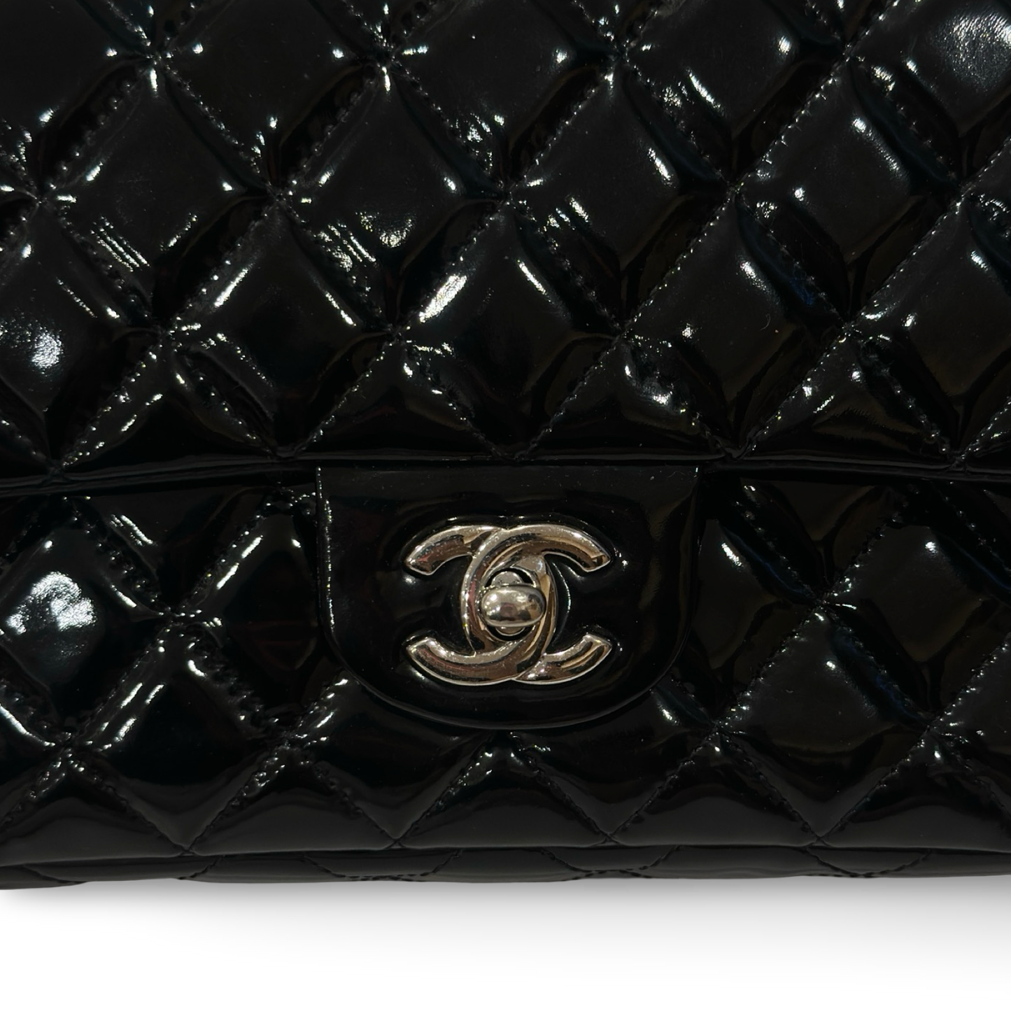 Chanel Quilted Patent Medium Double Flap - SHW / Black