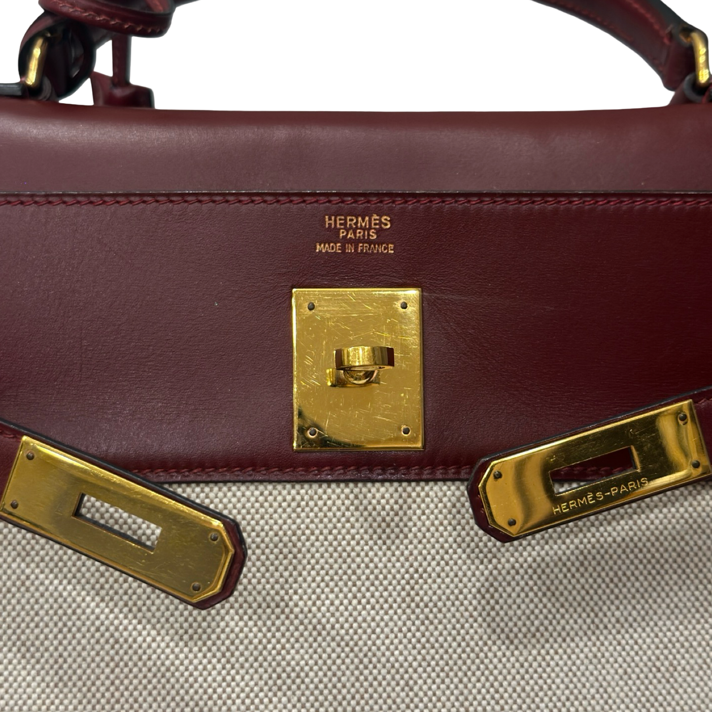 Hermes Vintage Kelly 32 Toile - GHW / Dark Red