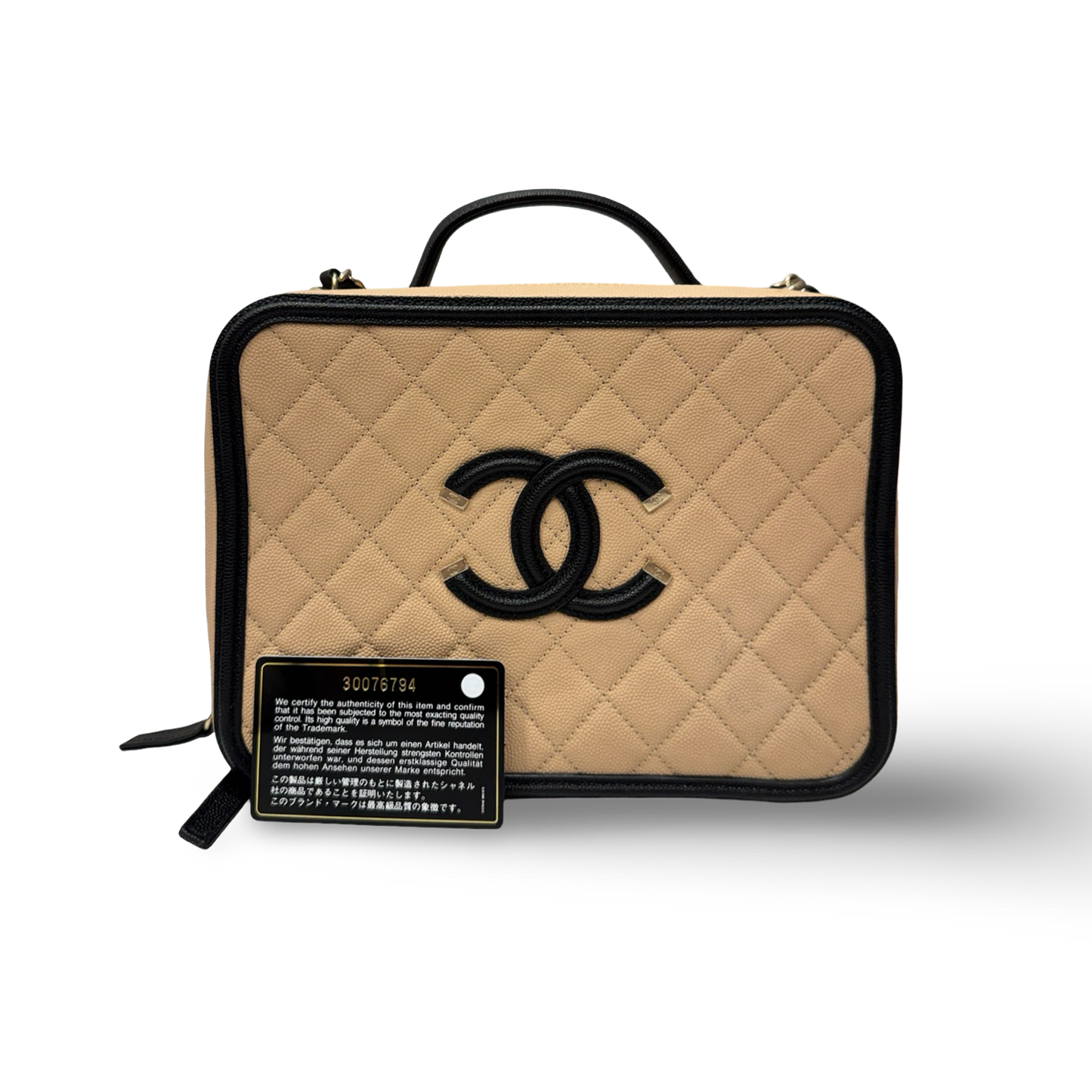 Chanel Quilted Caviar Large Top Handle Vanity Case / Beige Black