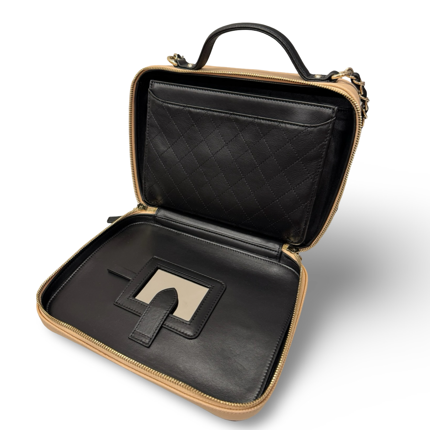 Chanel Quilted Caviar Large Top Handle Vanity Case / Beige Black