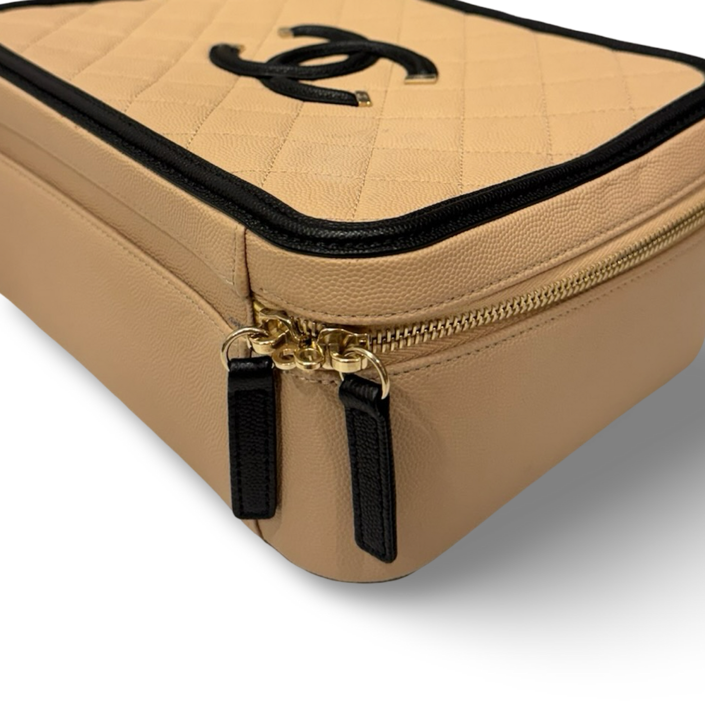 Chanel Quilted Caviar Large Top Handle Vanity Case / Beige Black