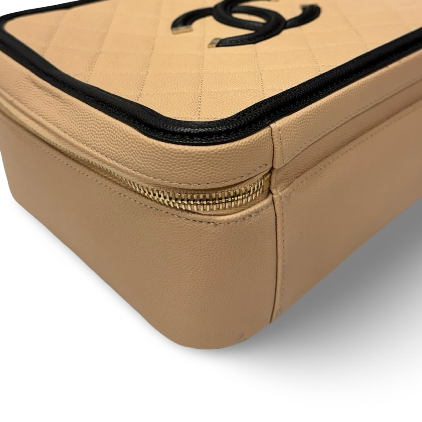 Chanel Quilted Caviar Large Top Handle Vanity Case / Beige Black