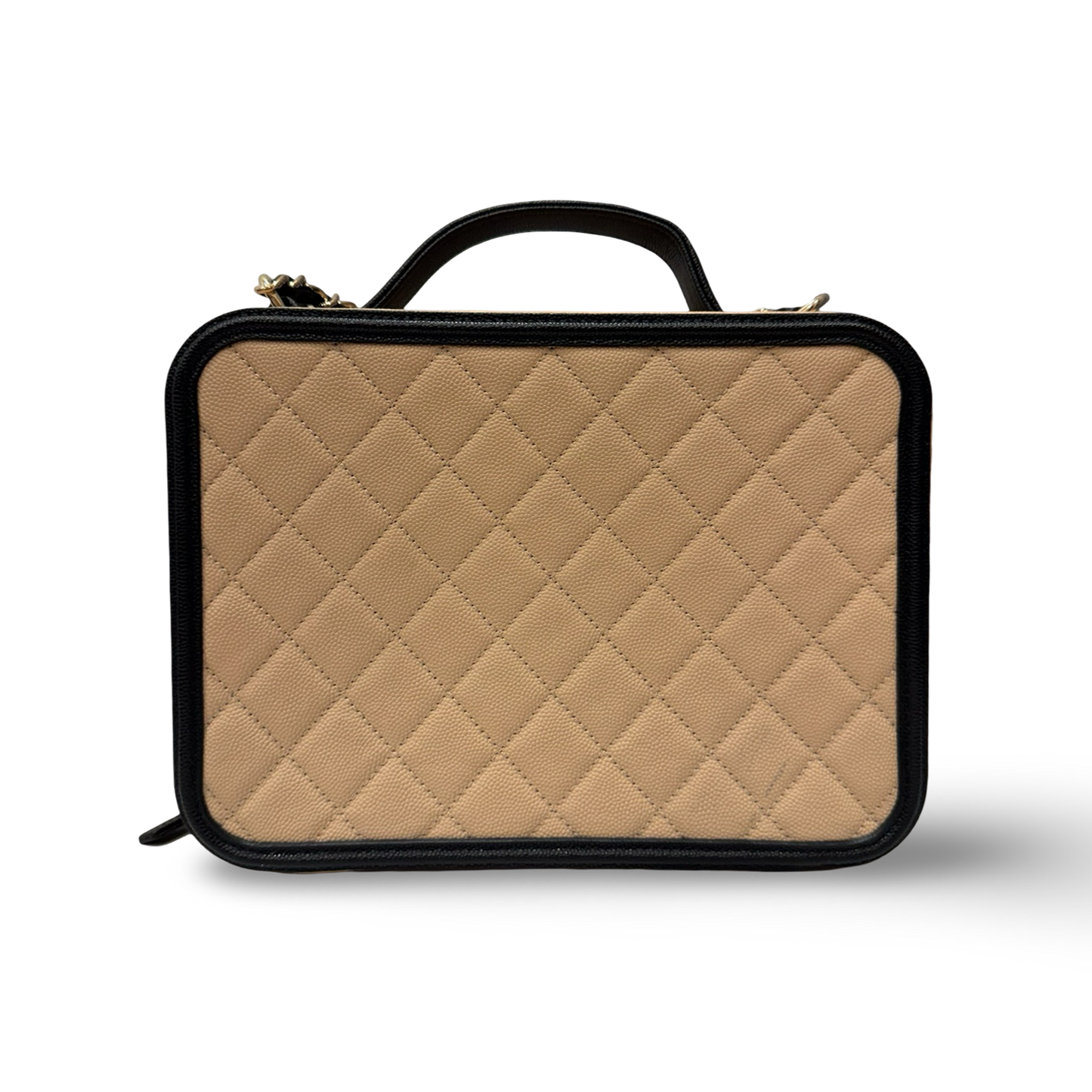Chanel Quilted Caviar Large Top Handle Vanity Case / Beige Black