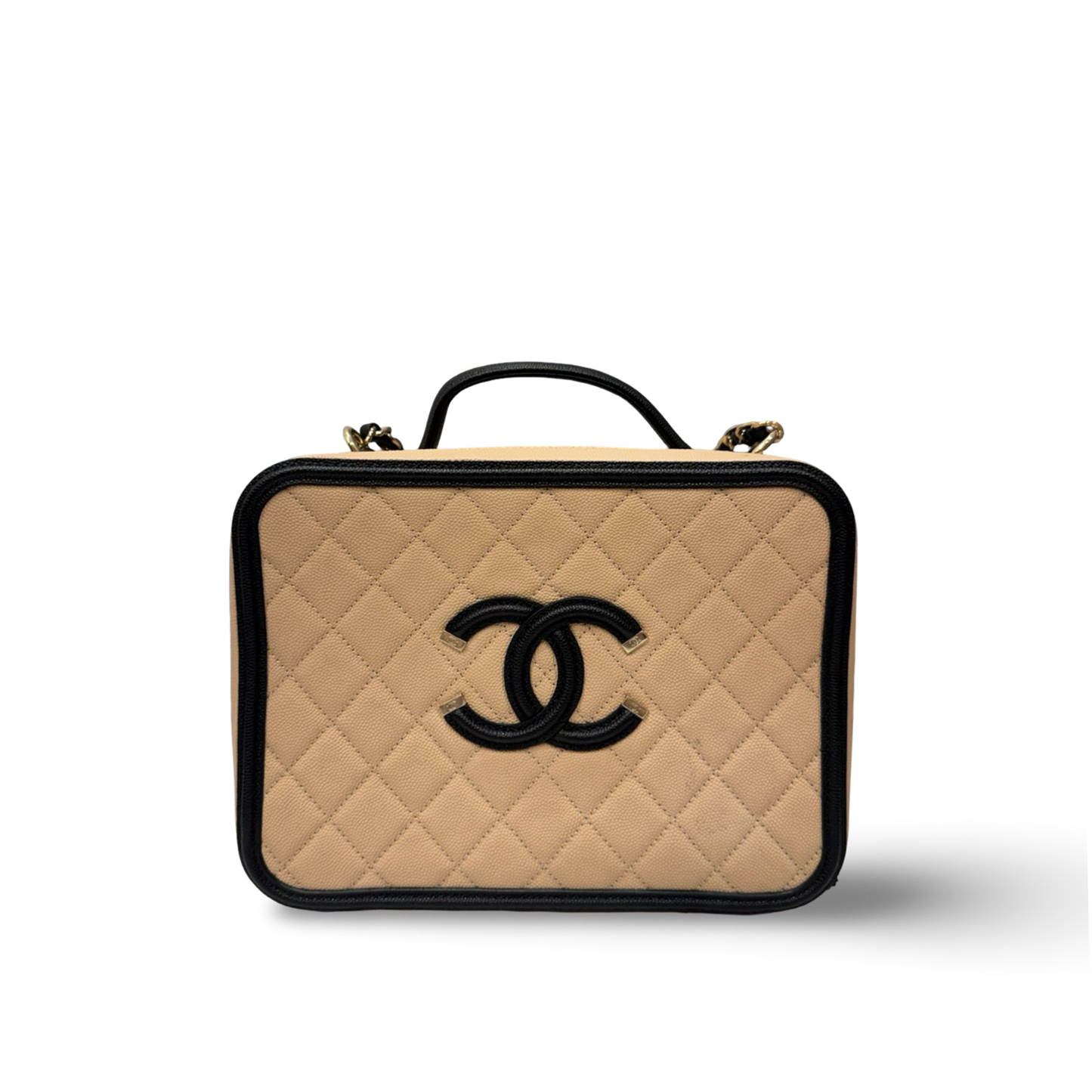 Chanel Quilted Caviar Large Top Handle Vanity Case / Beige Black